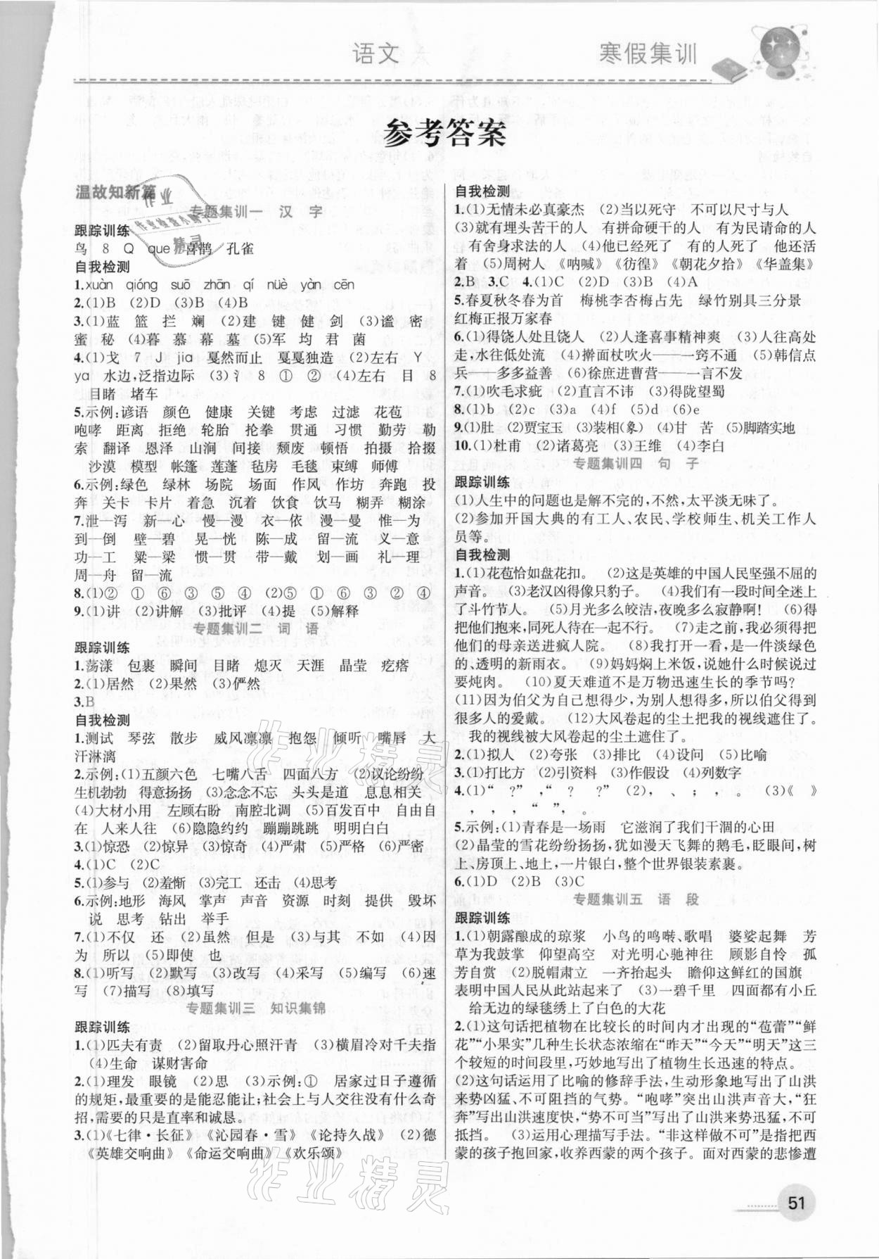 2021年寒假集訓(xùn)六年級語文人教版合肥工業(yè)大學(xué)出版社 參考答案第1頁