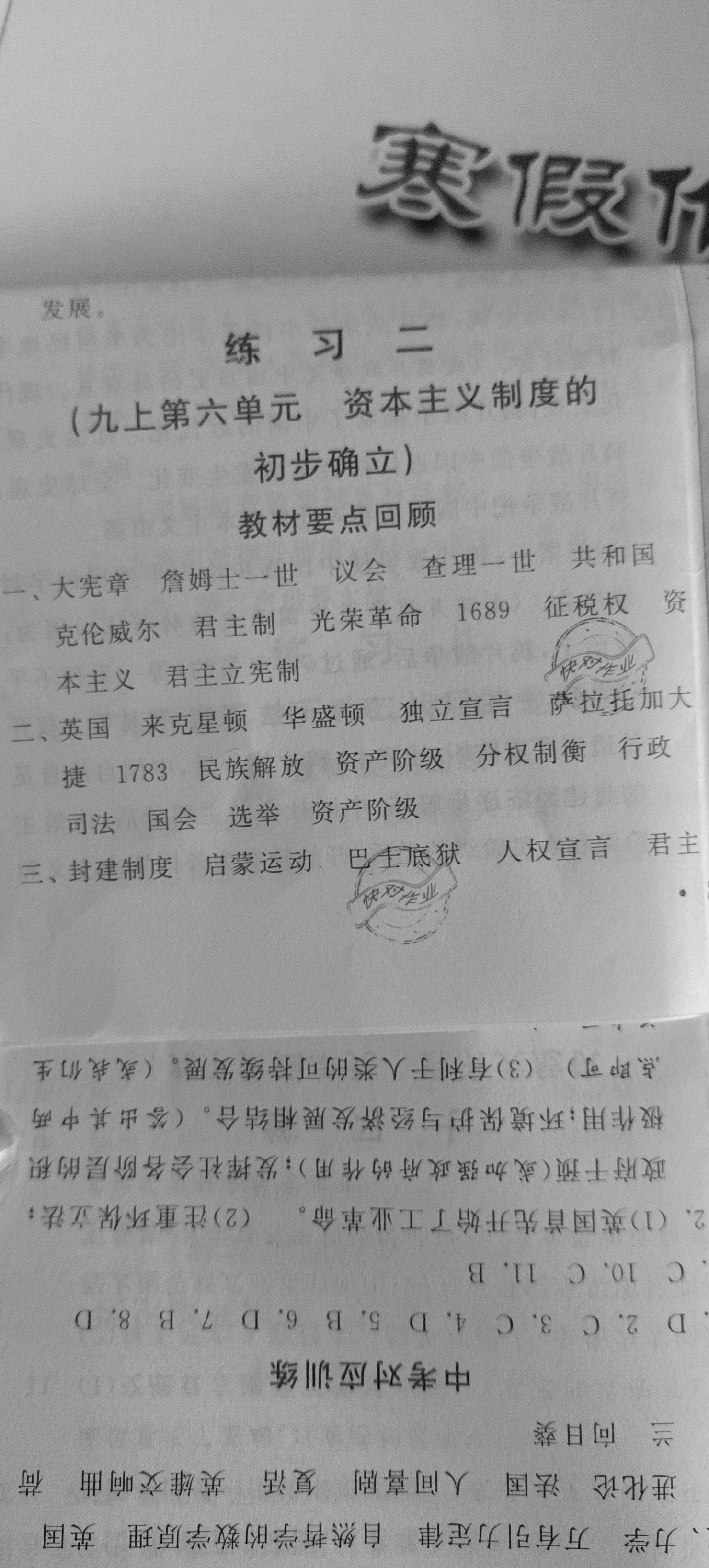 2021年寒假作业九年级历史河北美术出版社 参考答案第2页