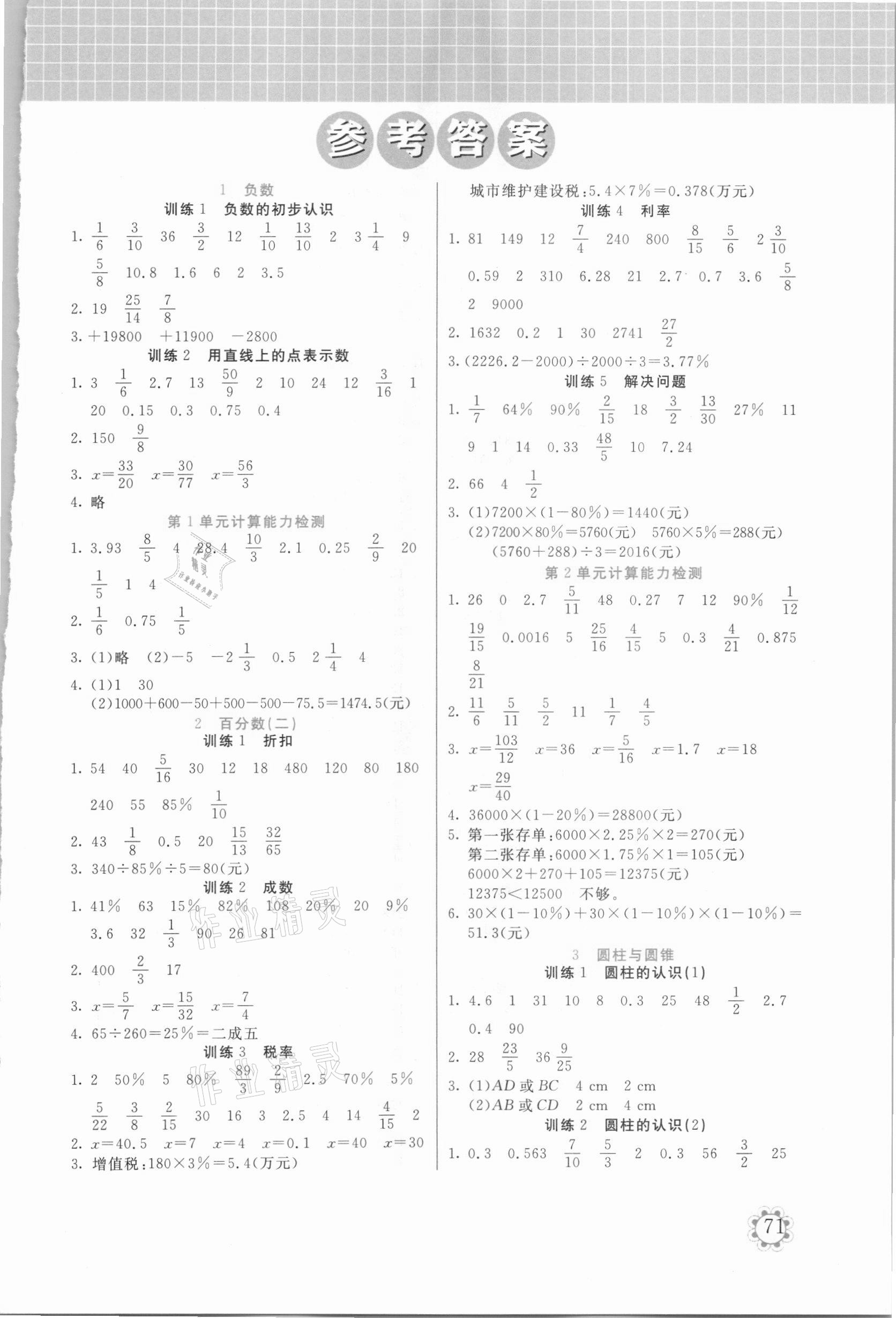 2021年培優(yōu)口算題卡六年級數(shù)學下冊人教版天津科學出版社 第1頁