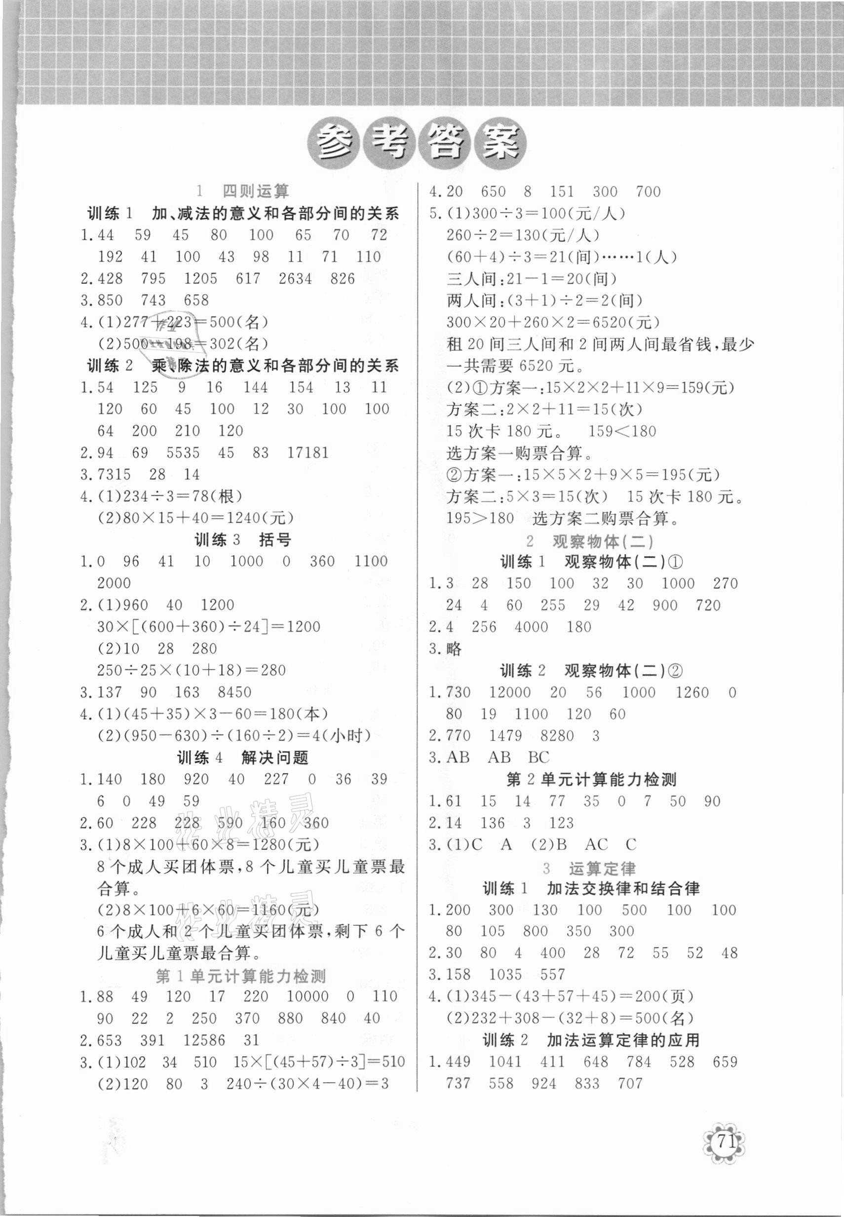 2021年培優(yōu)口算題卡四年級(jí)數(shù)學(xué)下冊(cè)人教版天津科學(xué)出版社 第1頁