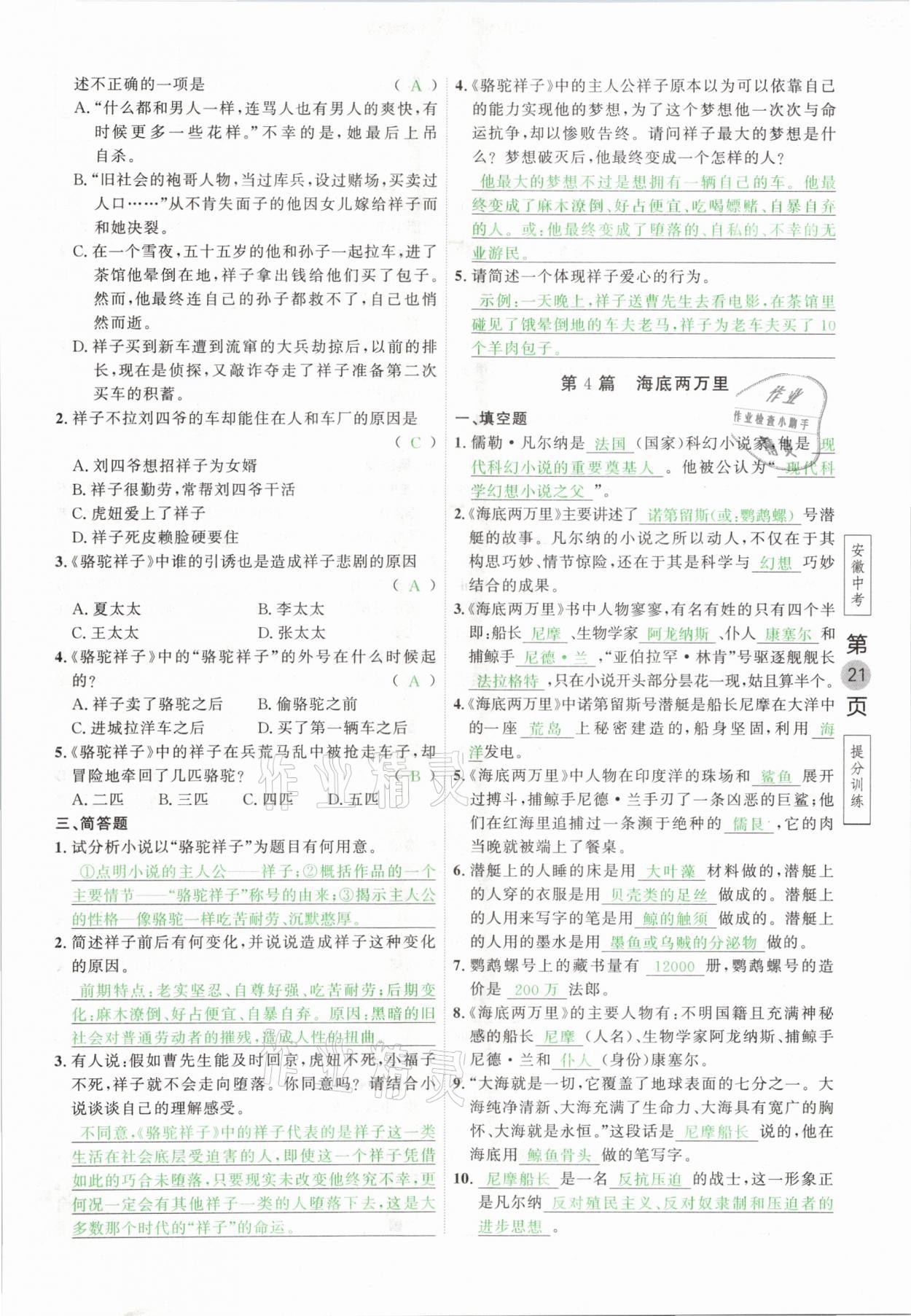 2021年名校密参语文中考安徽专版&nbsp;参考答案第21页