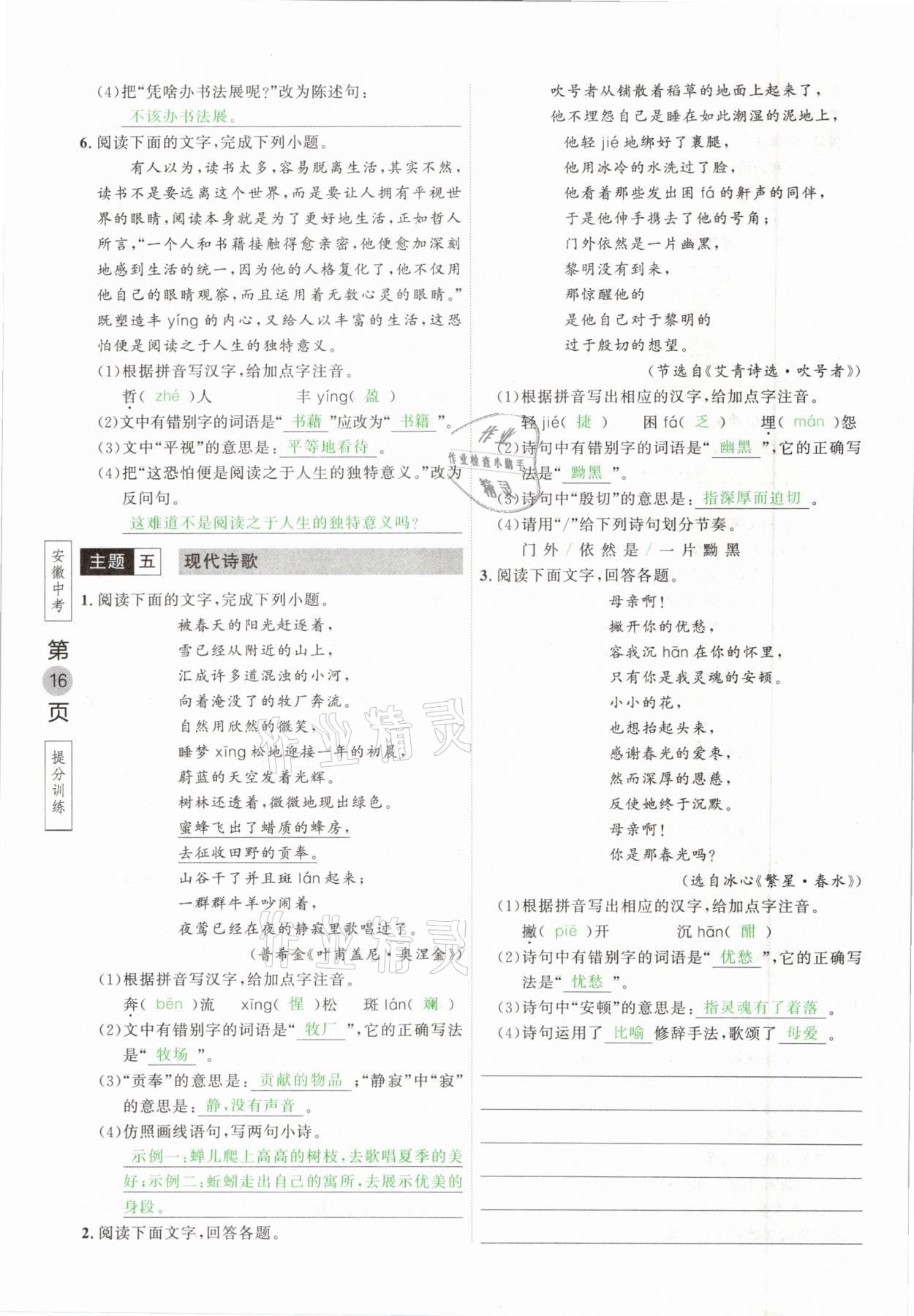 2021年名校密参语文中考安徽专版&nbsp;参考答案第16页