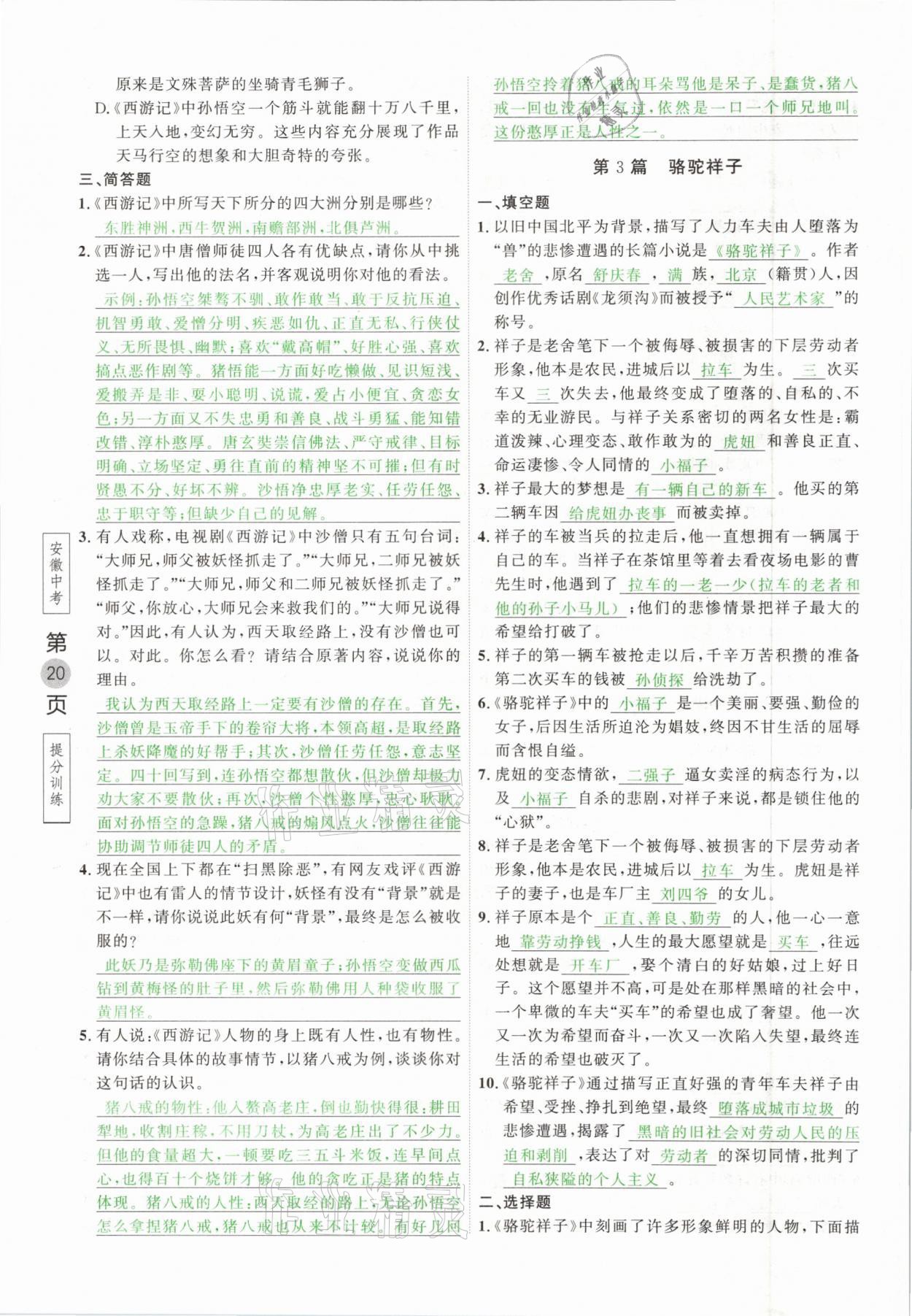 2021年名校密参语文中考安徽专版&nbsp;参考答案第20页