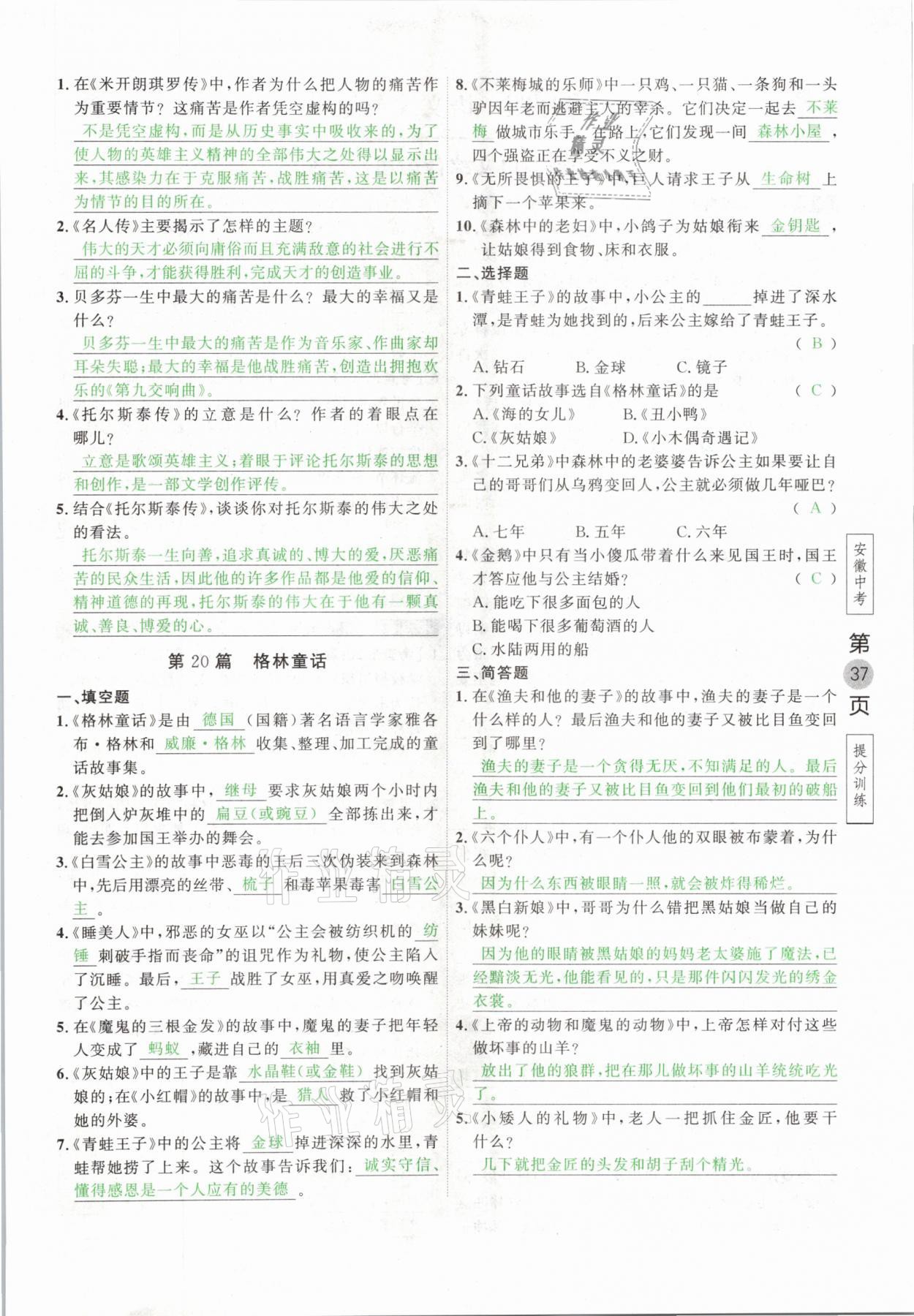 2021年名校密参语文中考安徽专版&nbsp;参考答案第37页