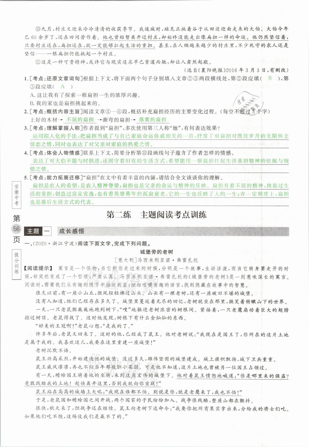 2021年名校密参语文中考安徽专版&nbsp;参考答案第56页