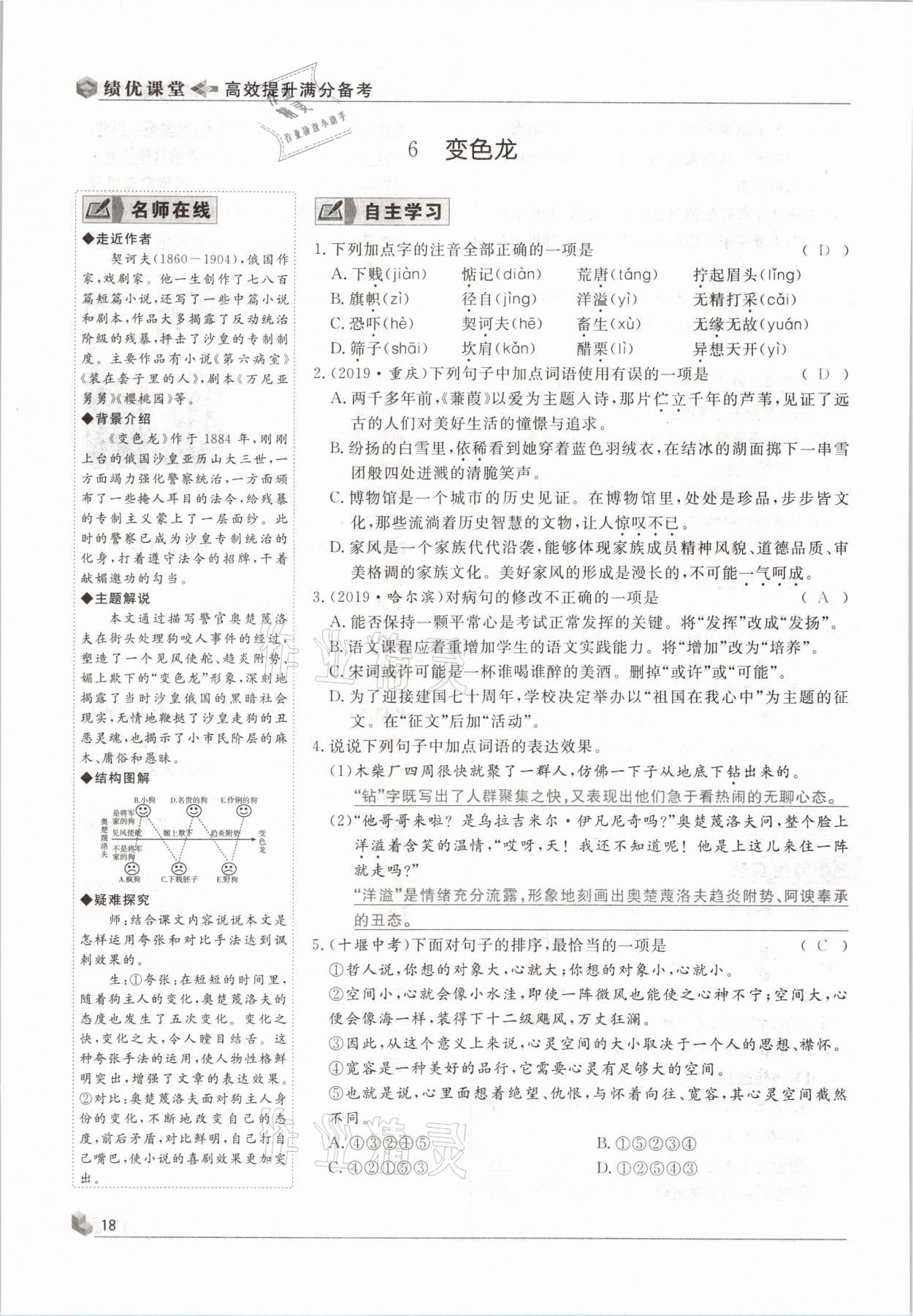 2021年績(jī)優(yōu)課堂高效提升滿分備考九年級(jí)語(yǔ)文下冊(cè)人教版 參考答案第18頁(yè)