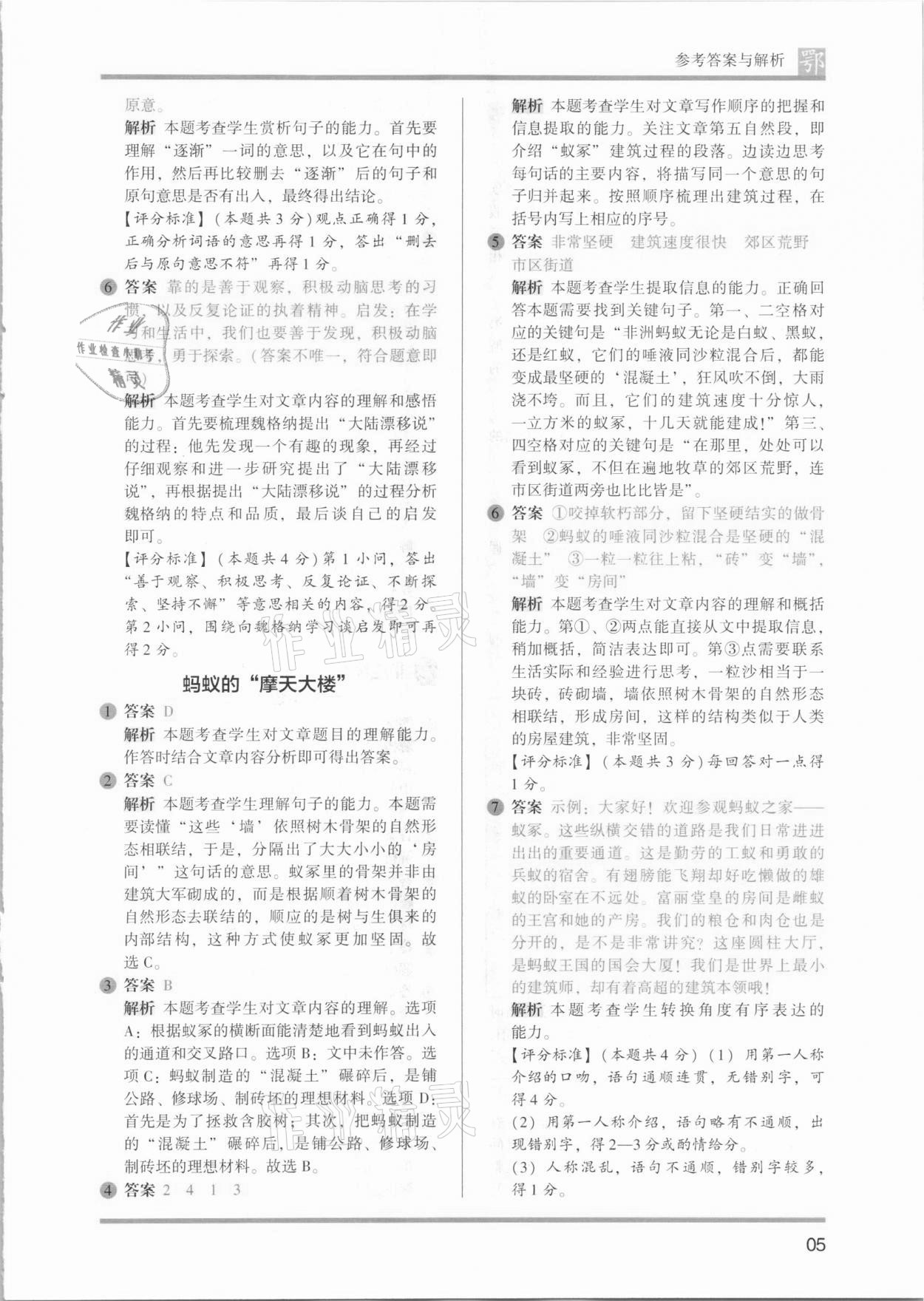 2021年木頭馬閱讀力測評四年級語文B版武漢專版 參考答案第5頁