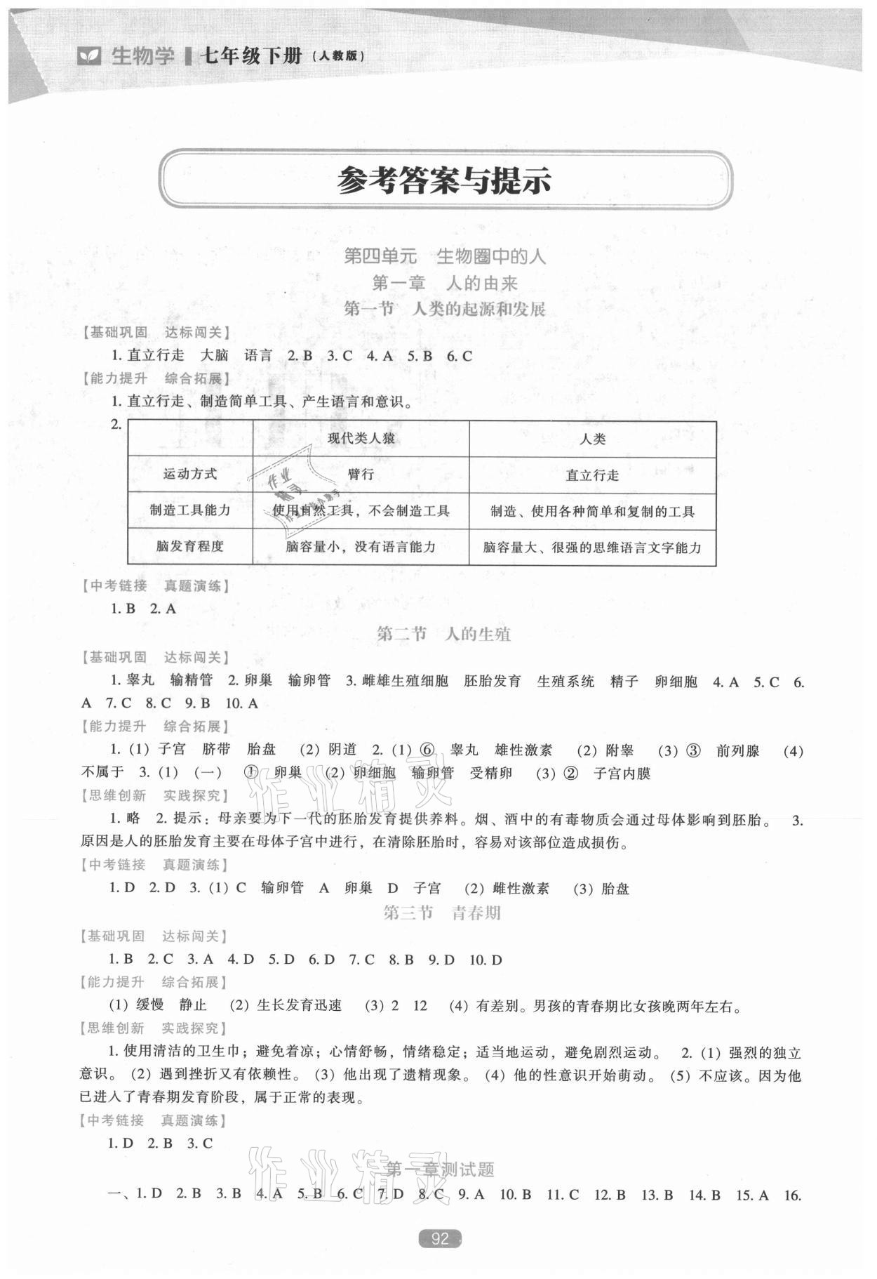 2021年新課程生物學(xué)能力培養(yǎng)七年級(jí)下冊(cè)人教版 參考答案第1頁(yè)