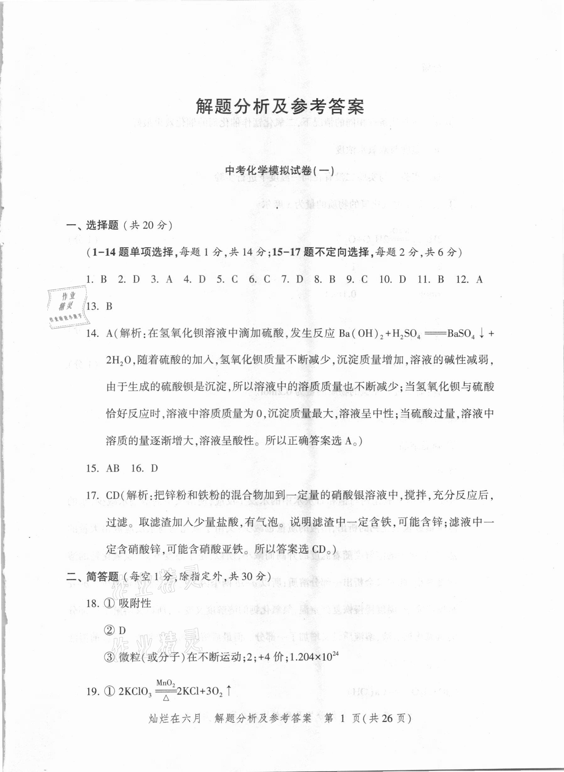 2021年灿烂在六月上海市最新中考模拟强化测试精编化学 参考答案第1页