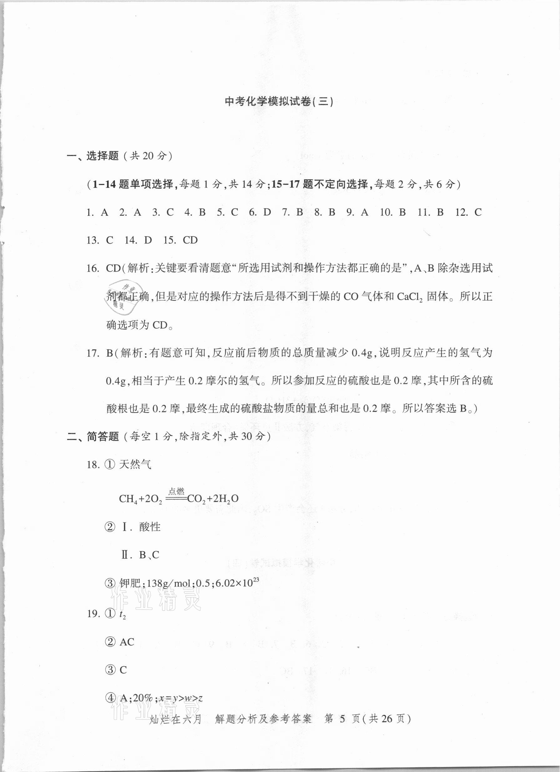 2021年灿烂在六月上海市最新中考模拟强化测试精编化学 参考答案第5页