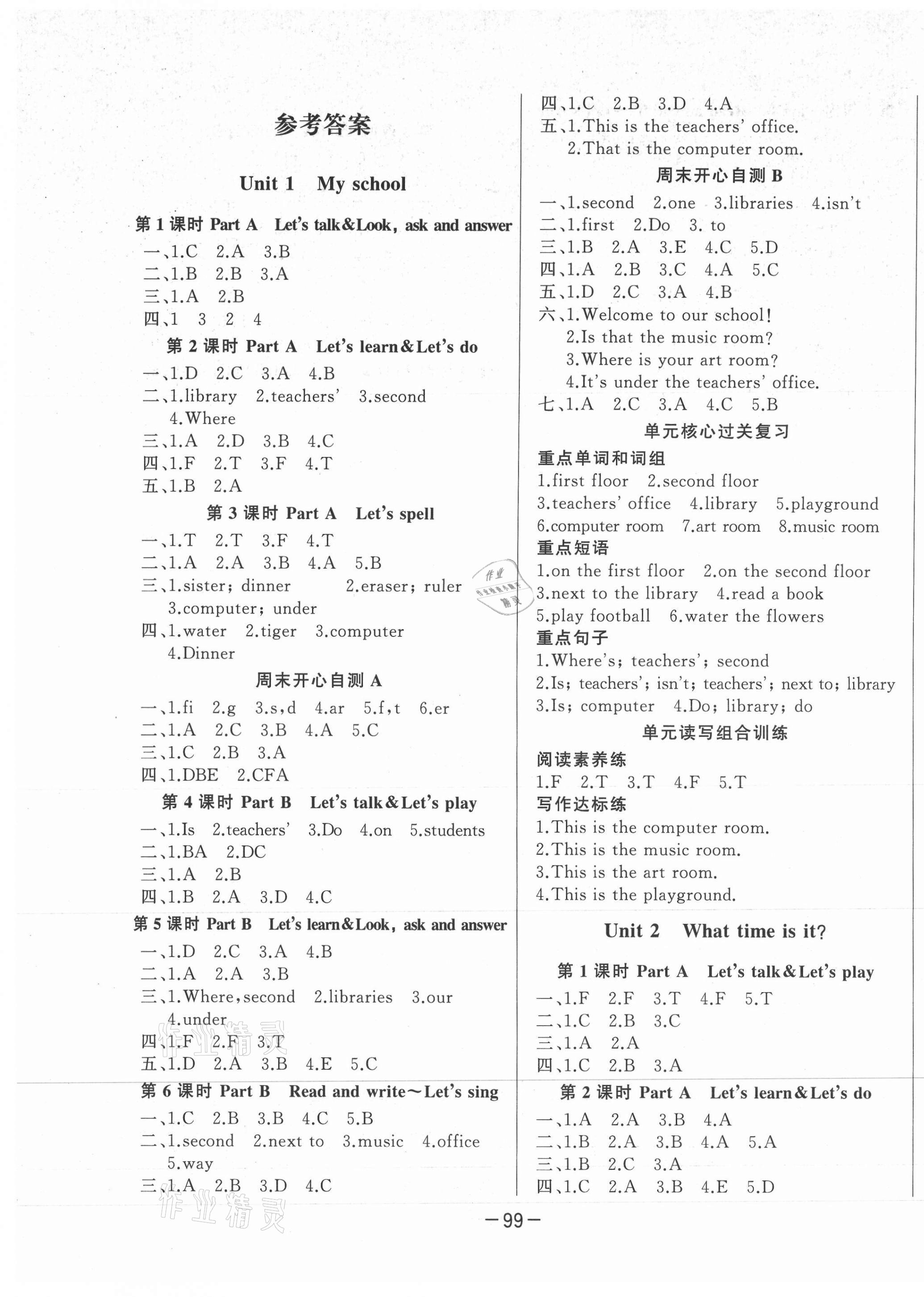 2021年A加優(yōu)化作業(yè)本四年級(jí)英語下冊(cè)人教PEP版江西專版 參考答案第1頁