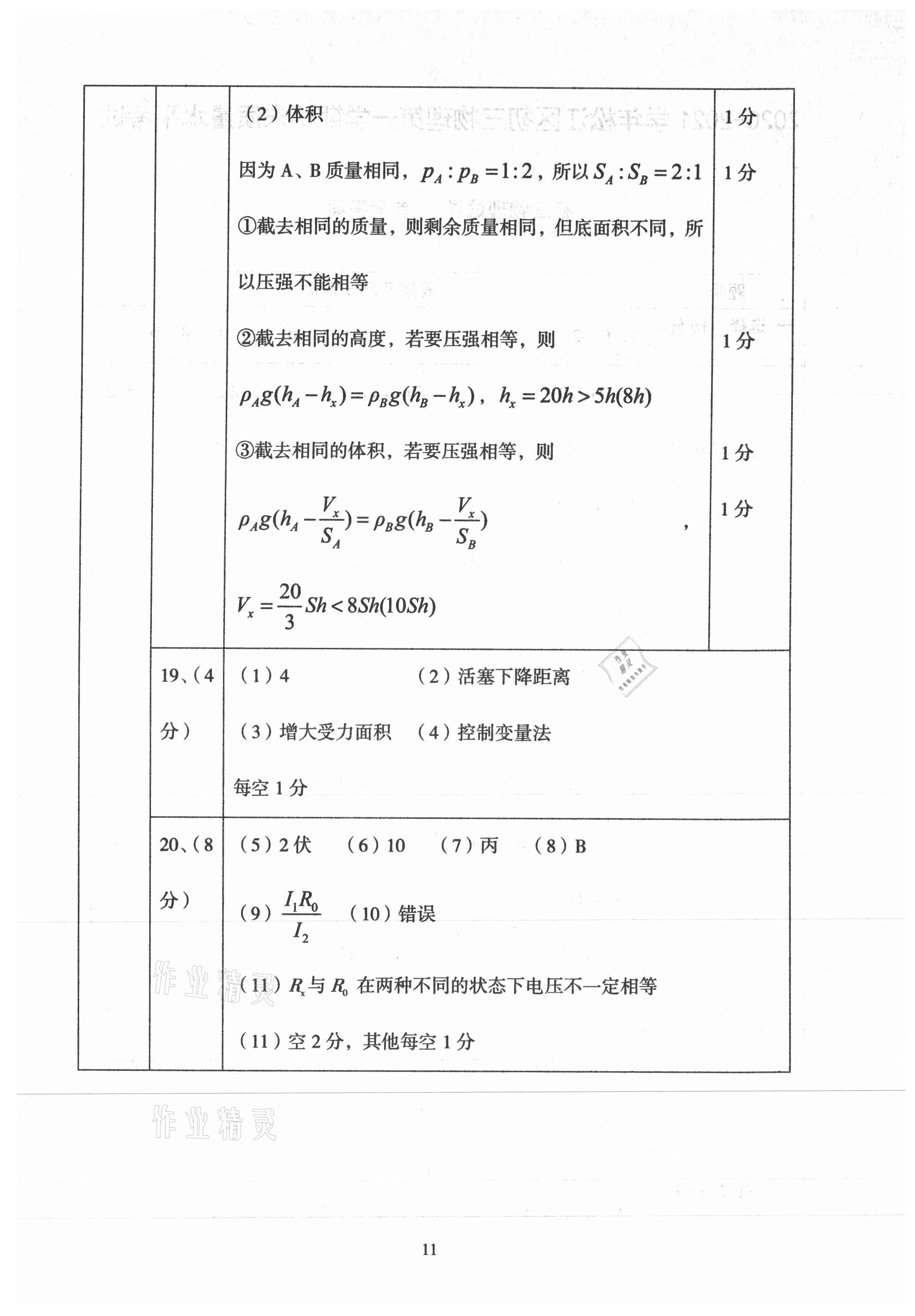 2021年初三年級物理試卷匯編 參考答案第11頁