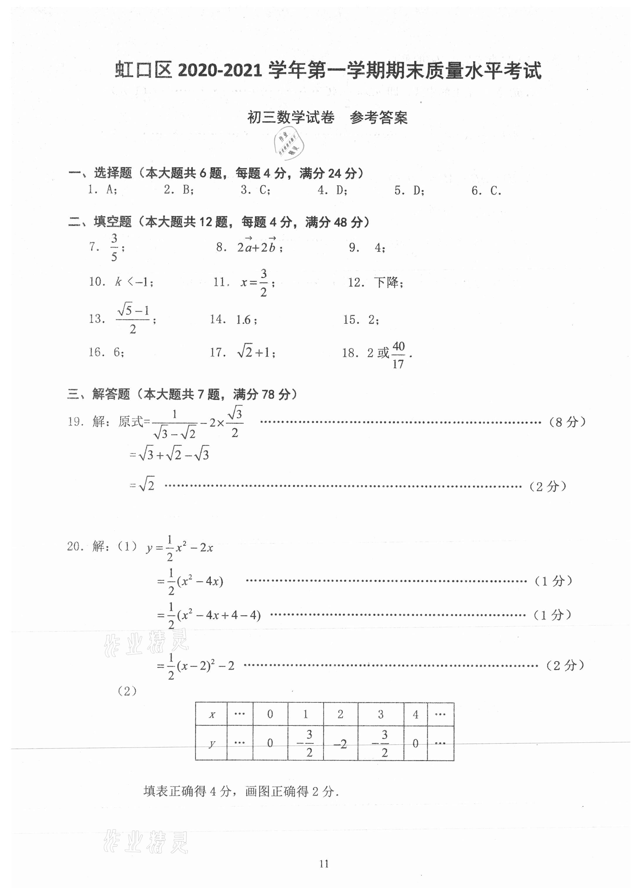 2021年初三年級(jí)數(shù)學(xué)試卷匯編 參考答案第11頁(yè)