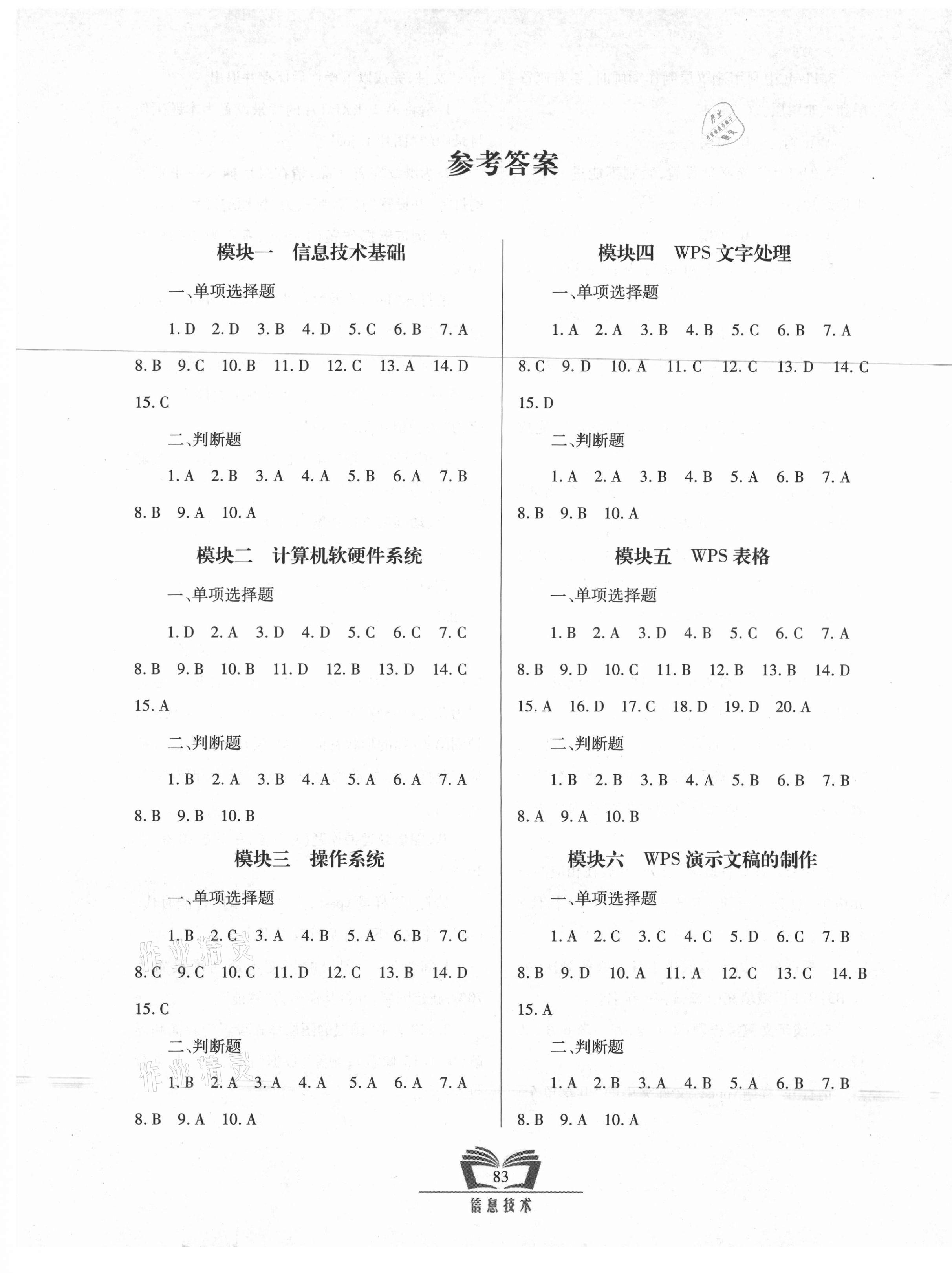 2021年初中學(xué)業(yè)水平考試指導(dǎo)與訓(xùn)練信息技術(shù) 參考答案第1頁