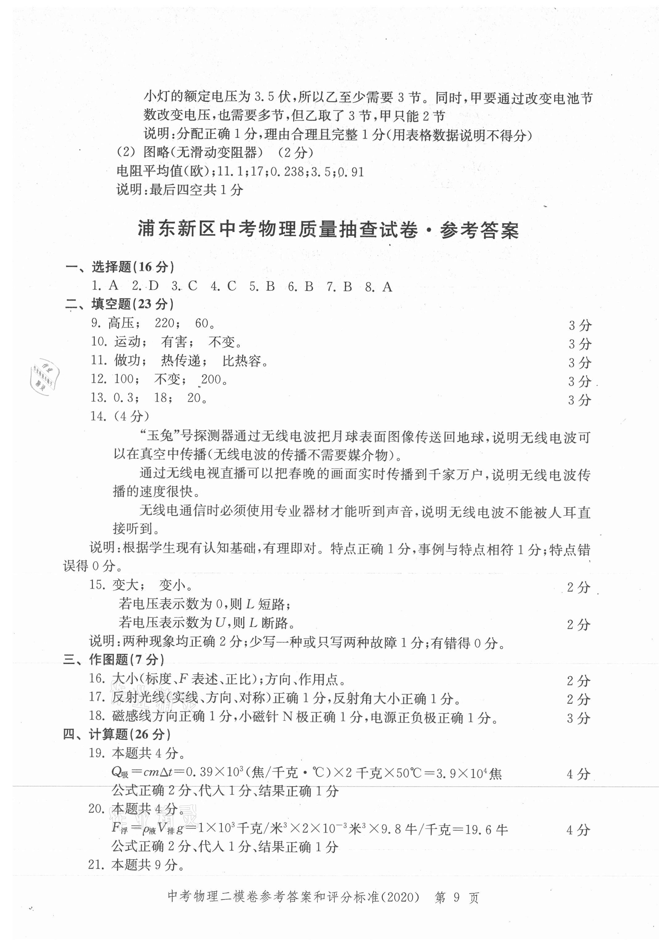2021年走向成功上海市各區(qū)中考考前質(zhì)量抽查試卷精編物理合訂本 參考答案第9頁