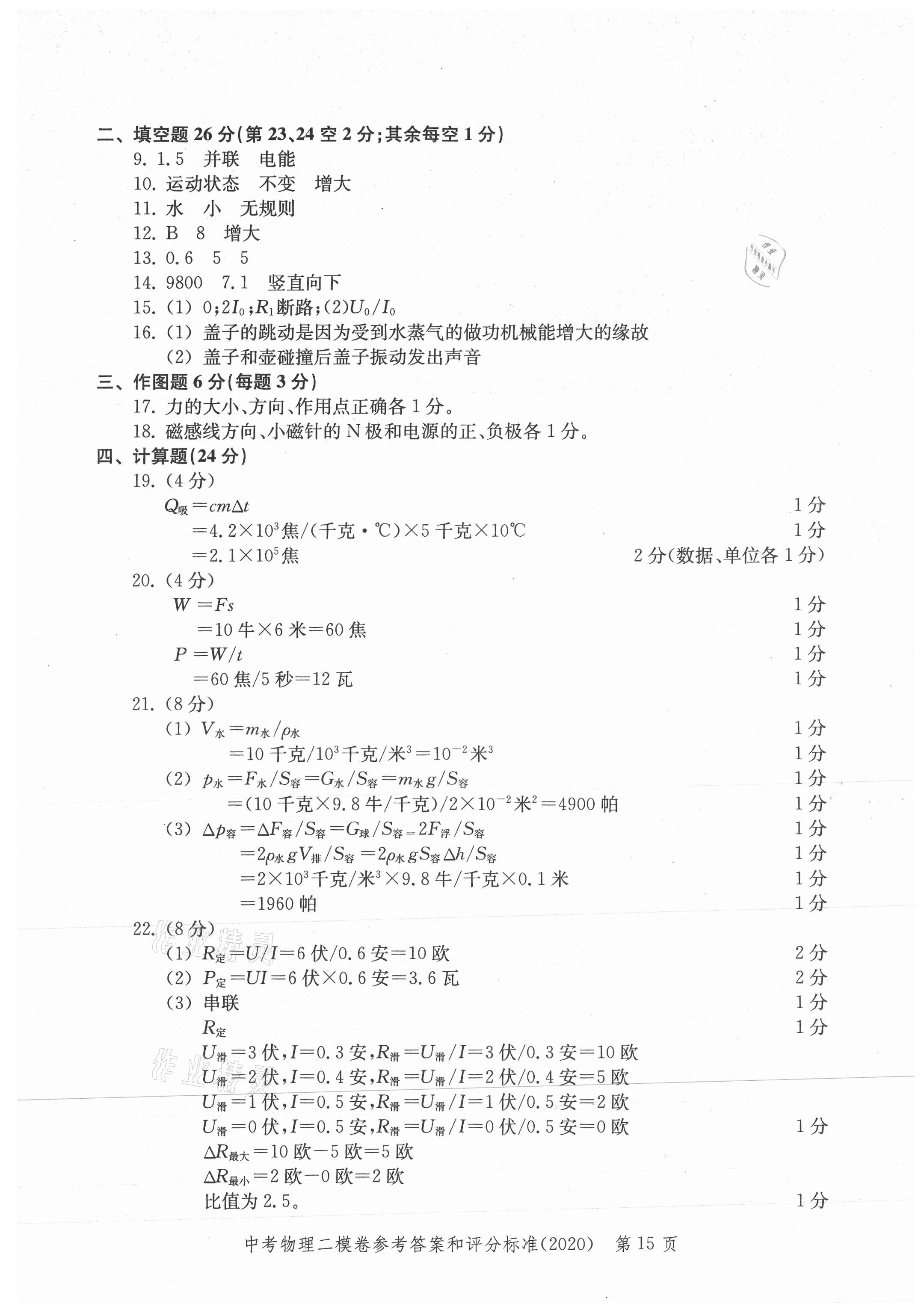 2021年走向成功上海市各區(qū)中考考前質(zhì)量抽查試卷精編物理合訂本 參考答案第15頁(yè)
