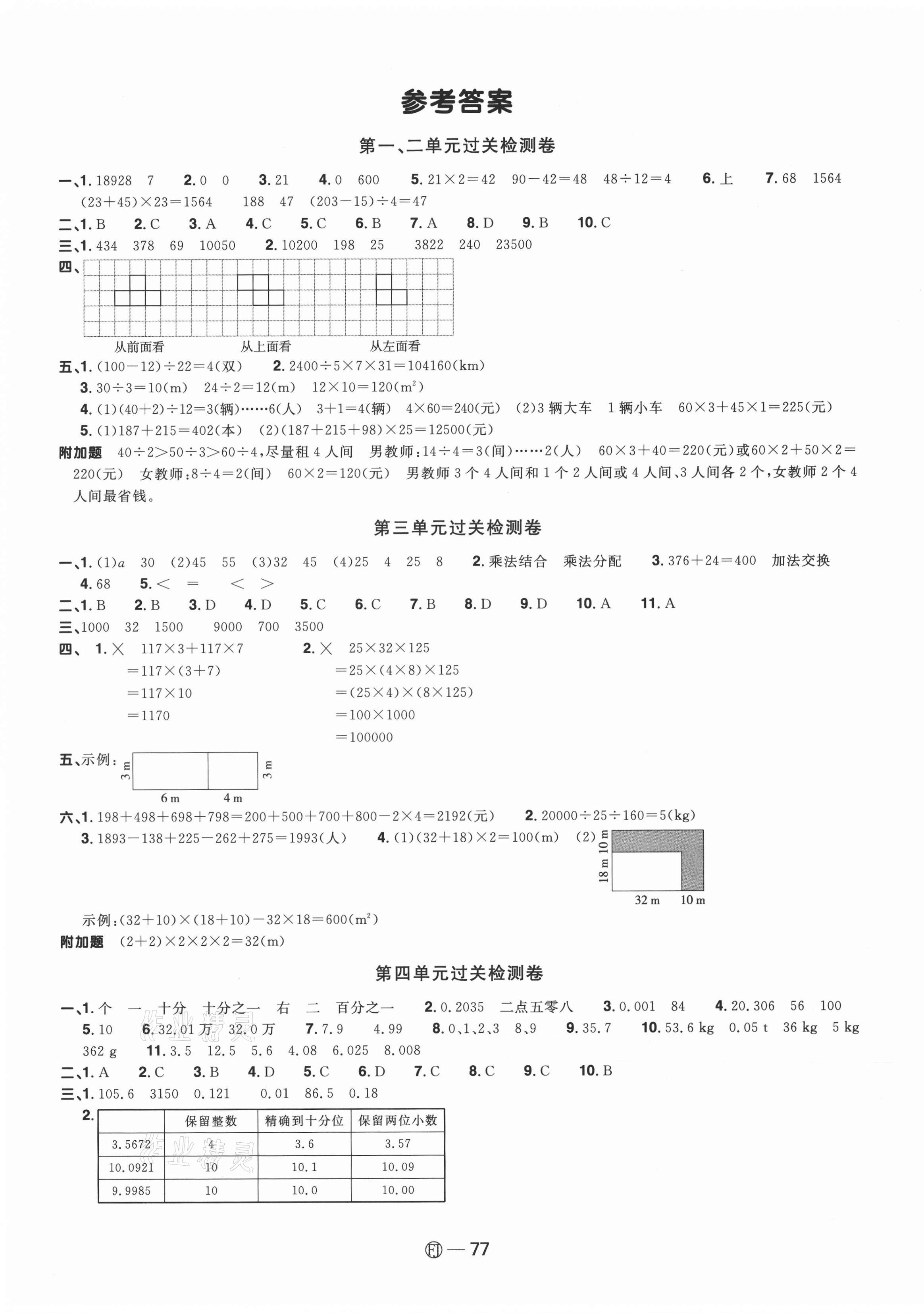 2021年阳光同学一线名师全优好卷四年级数学下册人教版福建专版 参考答案第1页