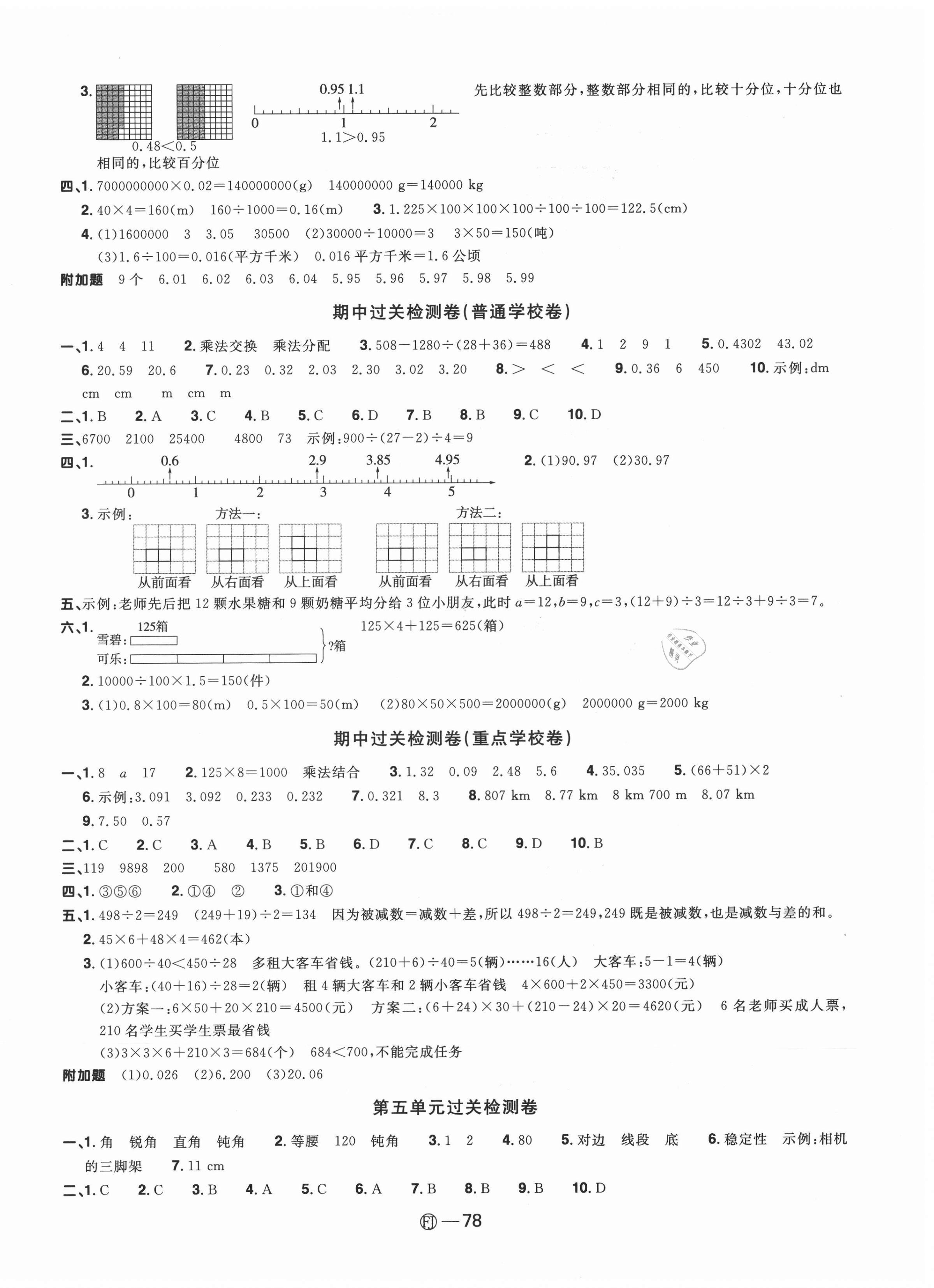 2021年阳光同学一线名师全优好卷四年级数学下册人教版福建专版 参考答案第2页