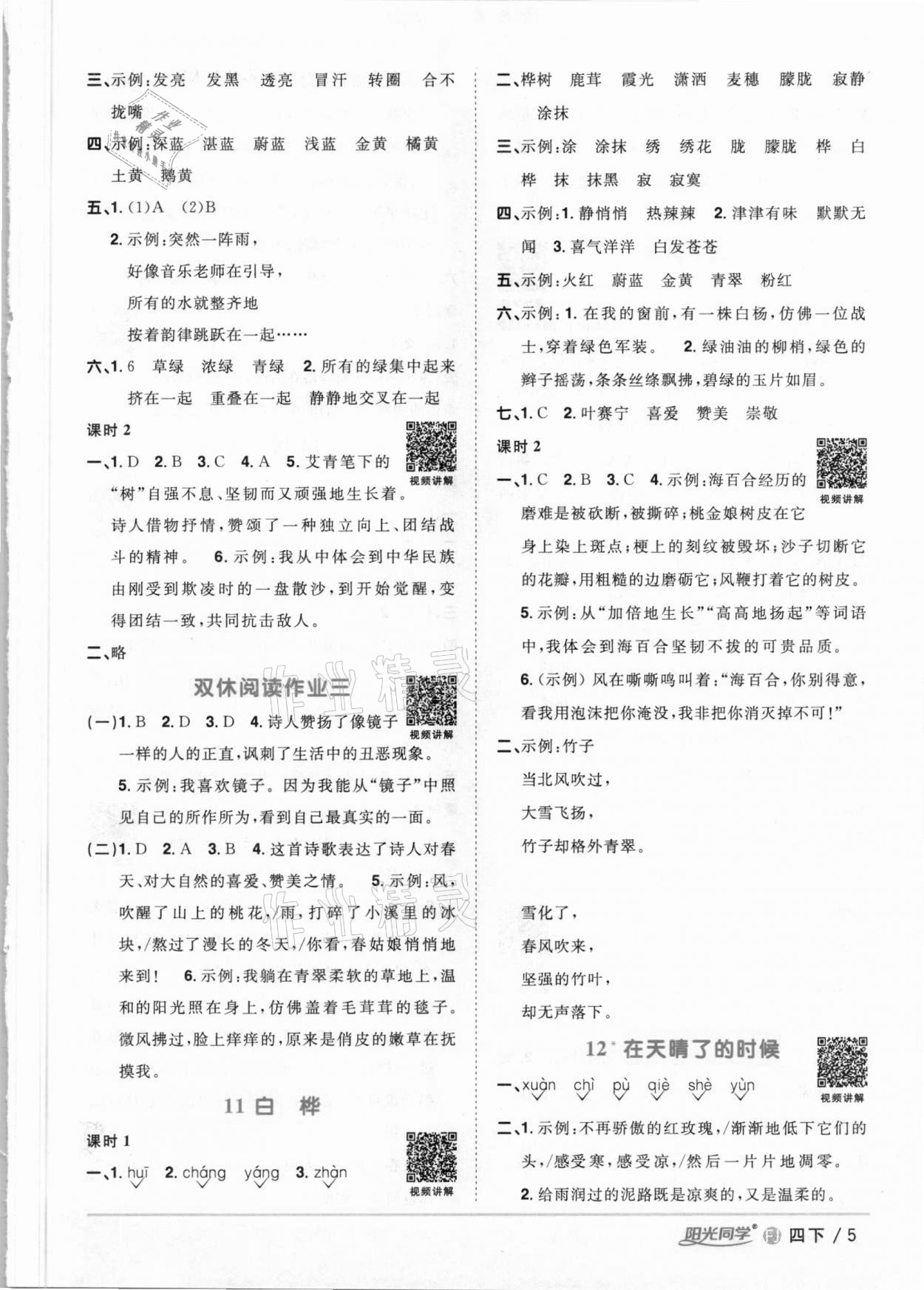 2021年阳光同学课时优化作业四年级语文下册人教版福建专版 参考答案第5页