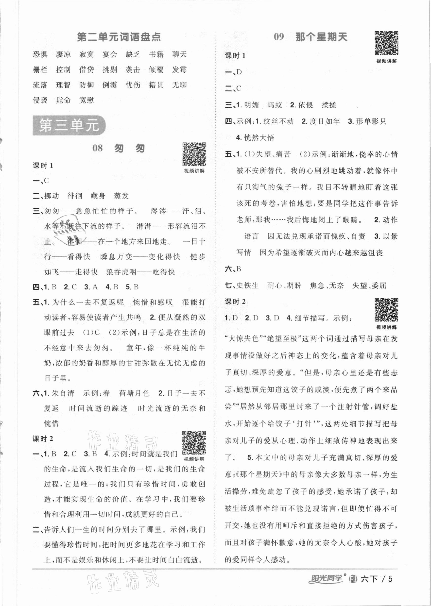 2021年陽光同學(xué)課時優(yōu)化作業(yè)六年級語文下冊人教版福建專版 參考答案第5頁