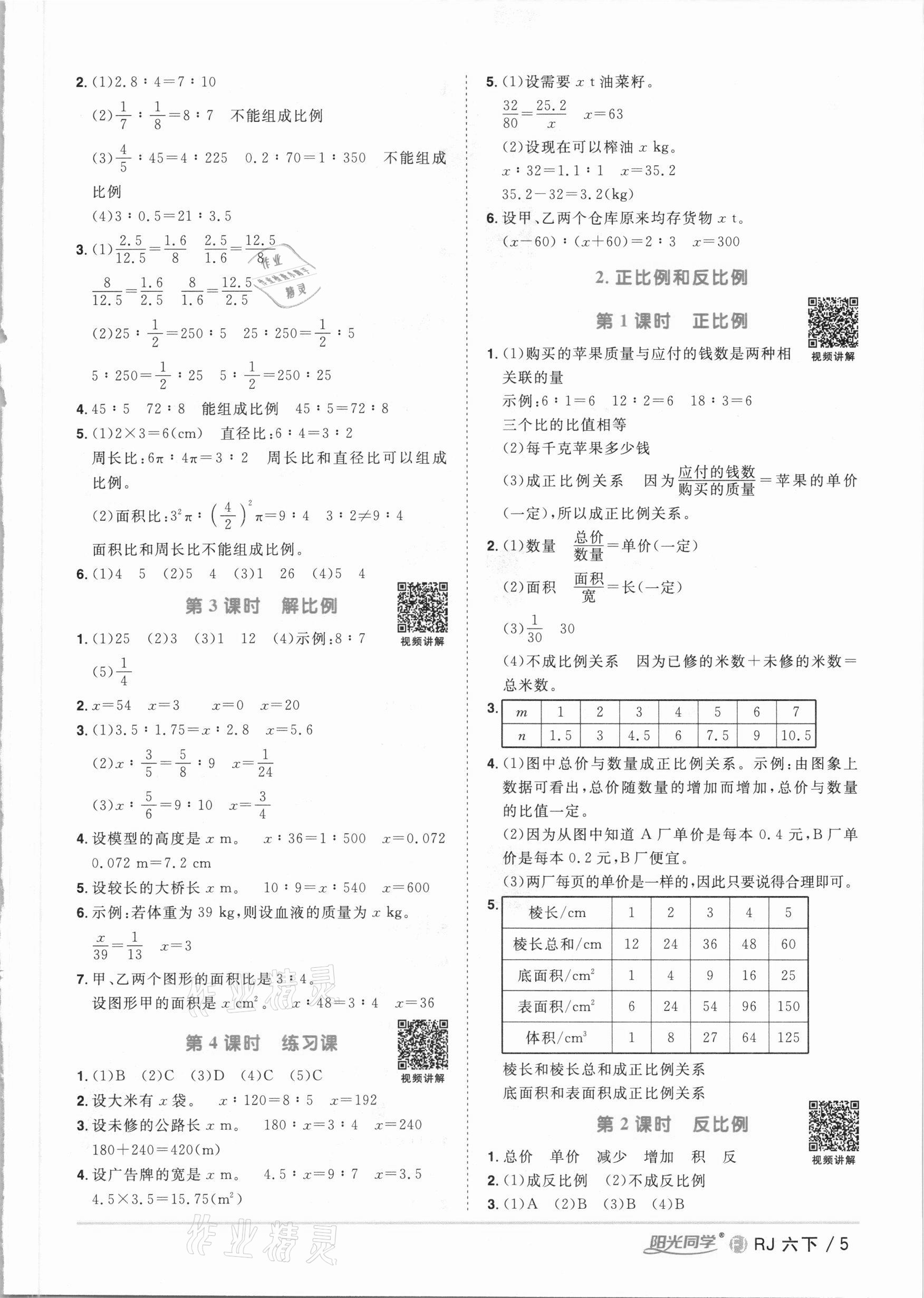 2021年阳光同学课时优化作业六年级数学下册人教版福建专版 参考答案第5页