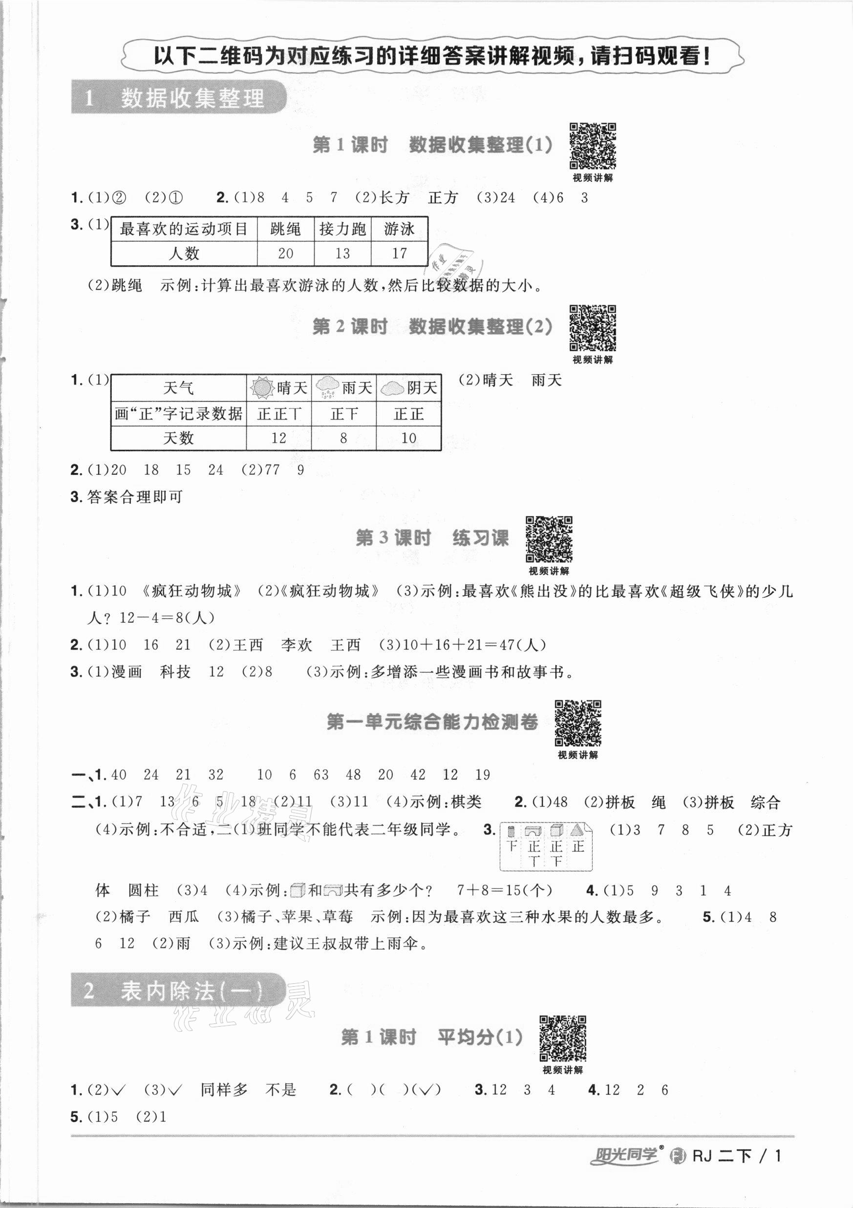 2021年陽光同學課時優(yōu)化作業(yè)二年級數(shù)學下冊人教版福建專版 參考答案第1頁