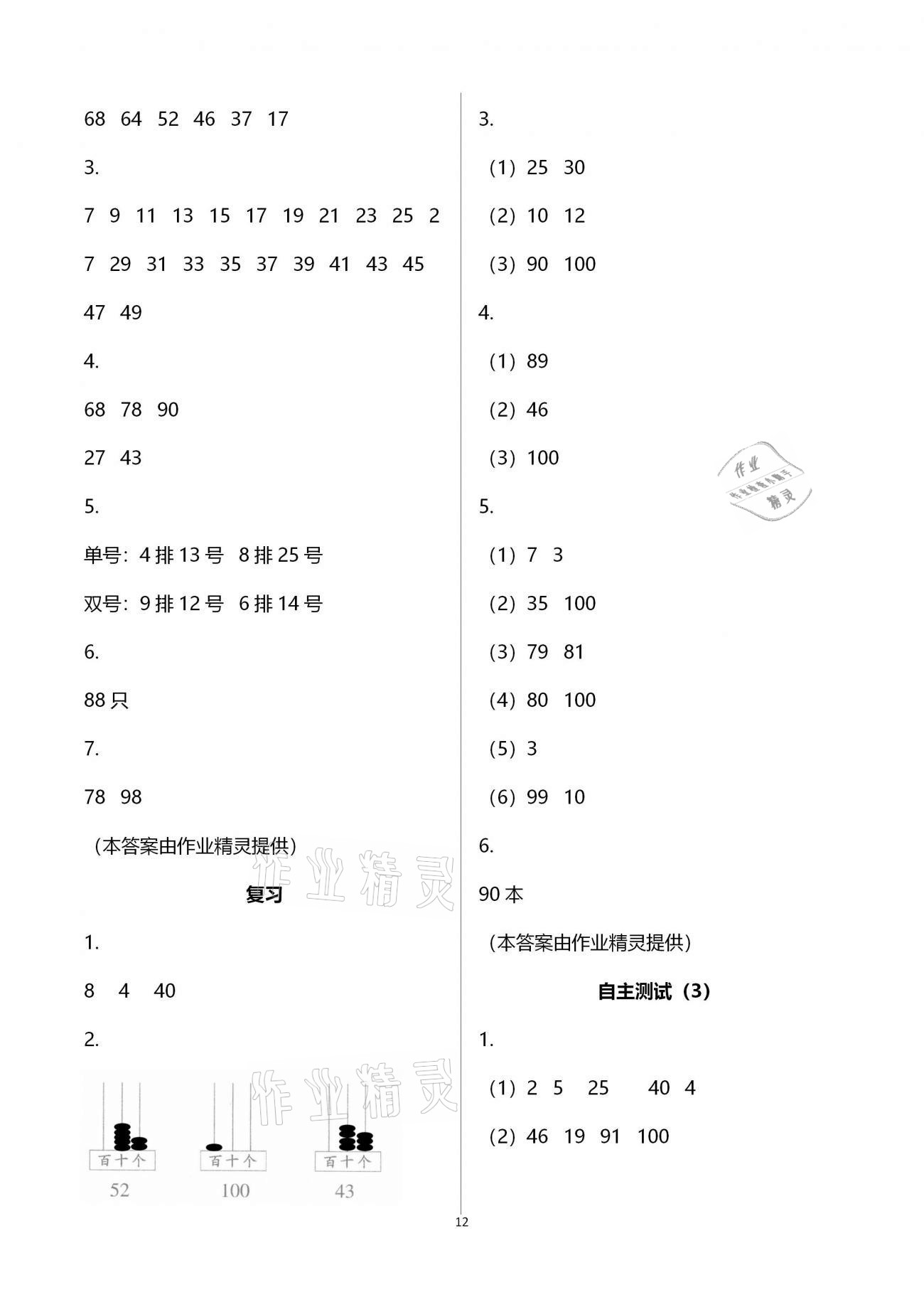 2021年練習(xí)與測試小學(xué)數(shù)學(xué)一年級下冊蘇教版含強(qiáng)化拓展活頁試卷 參考答案第12頁