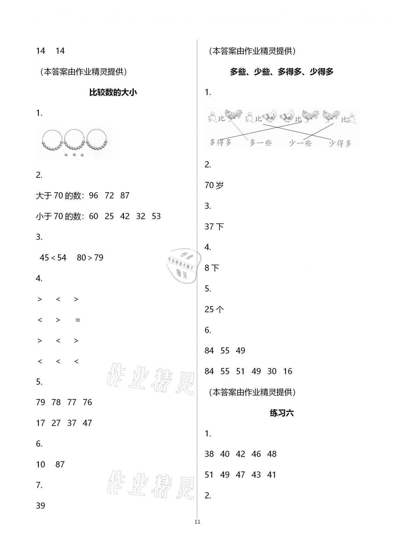 2021年练习与测试小学数学一年级下册苏教版含强化拓展活页试卷 参考答案第11页