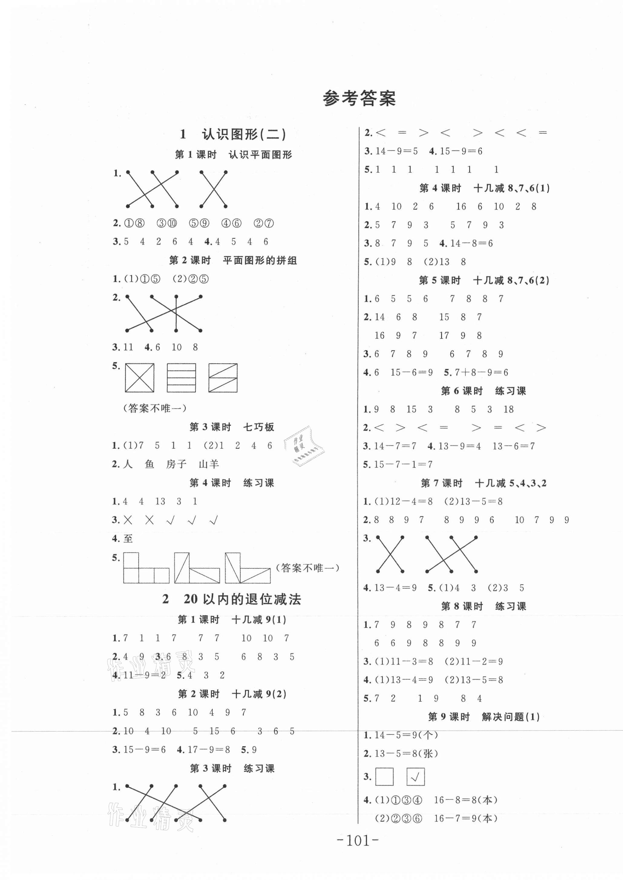 2021年小狀元隨堂作業(yè)一年級數(shù)學(xué)下冊人教版 第1頁