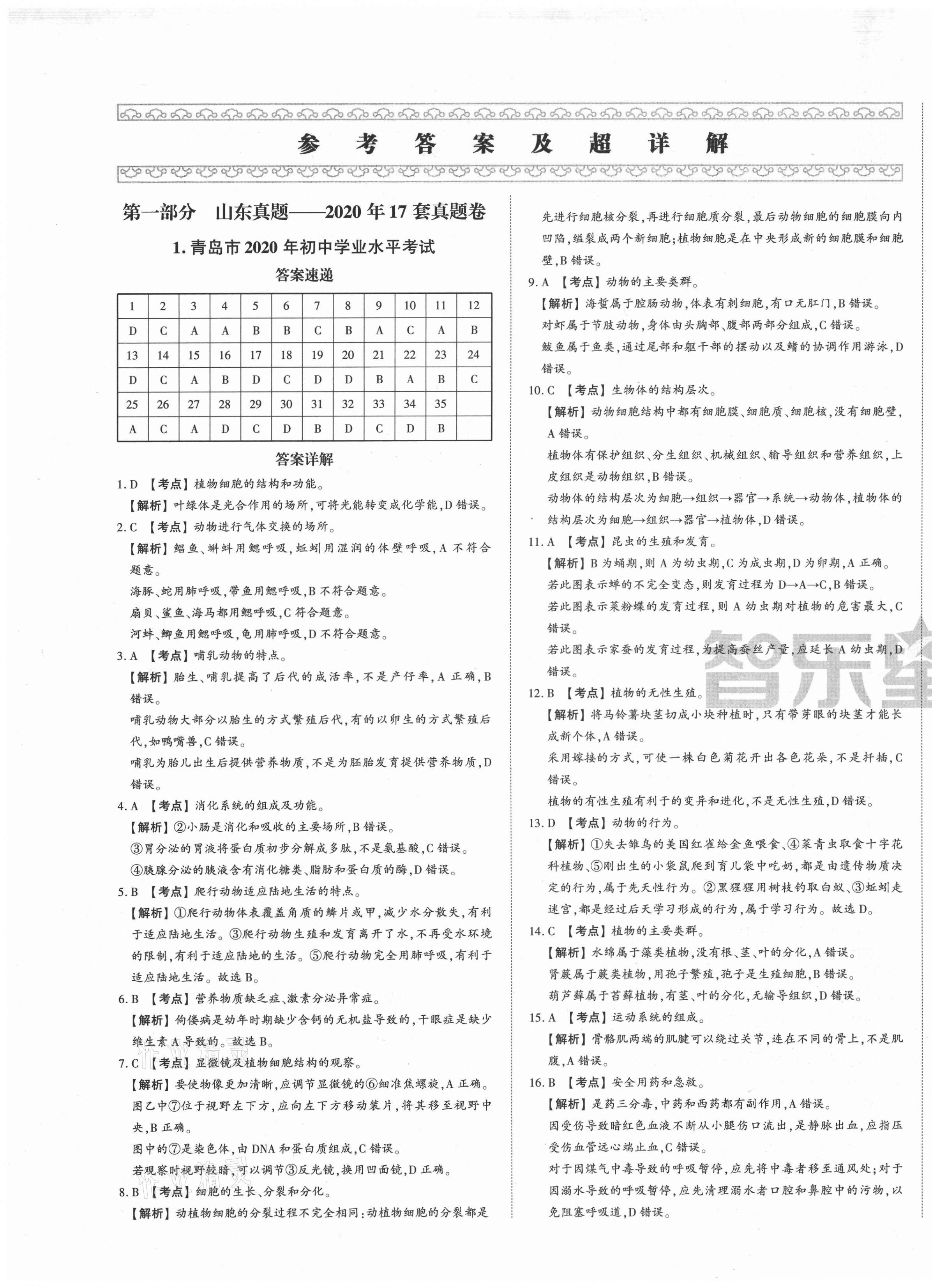 2021年智樂星中考中考真題匯編生物山東專版 第1頁