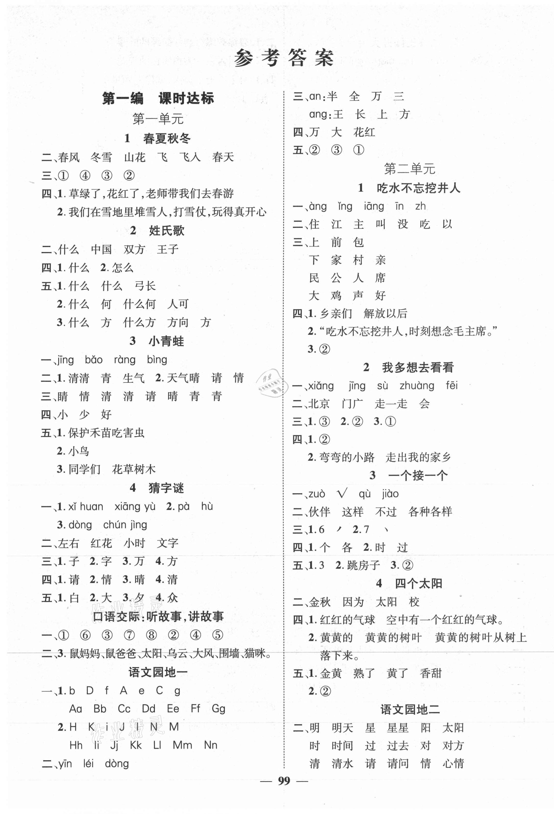 2021年名師測(cè)控一年級(jí)語(yǔ)文下冊(cè)人教版湖南專(zhuān)版 參考答案第1頁(yè)