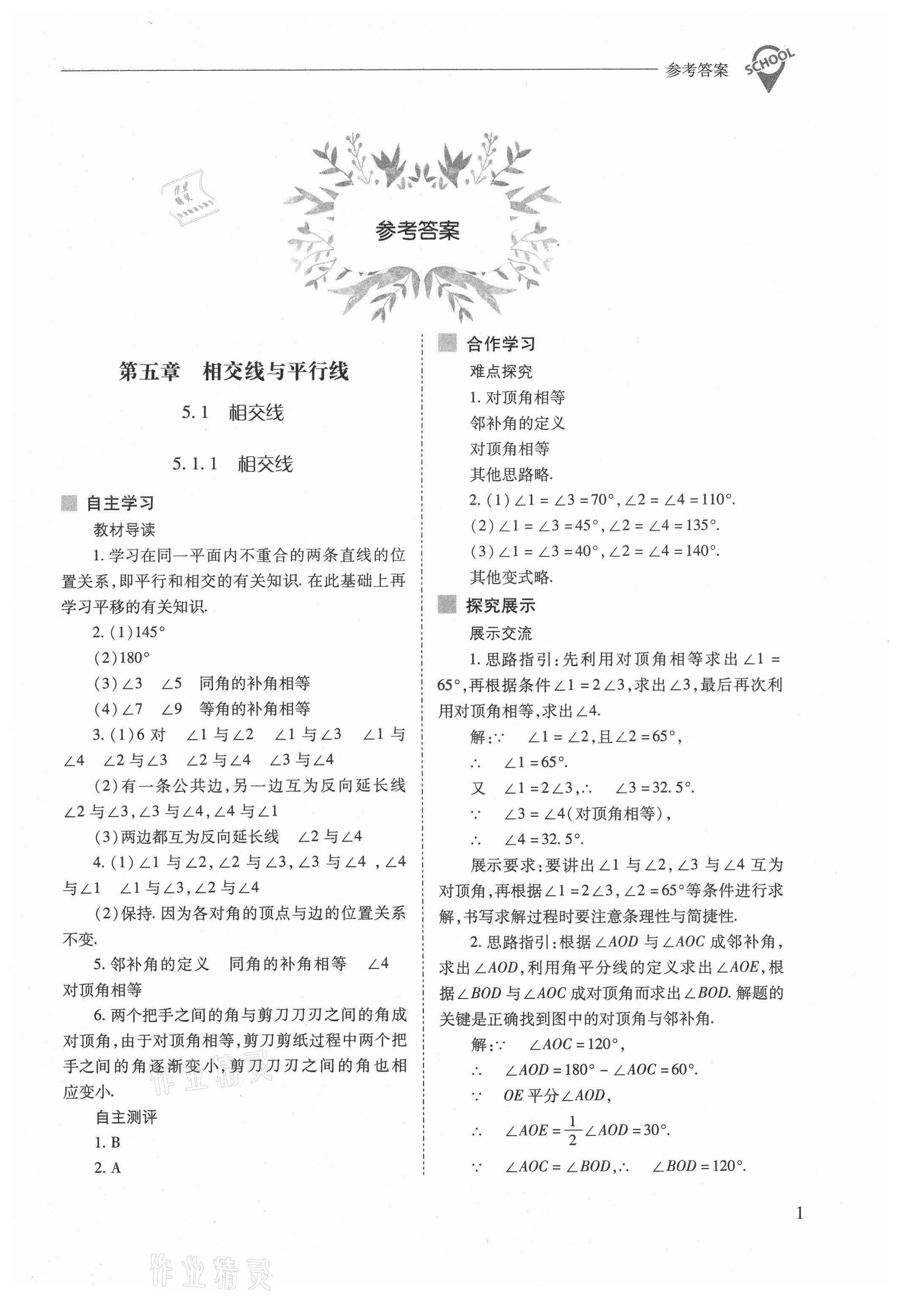 2021年新课程问题解决导学方案七年级数学下册人教版 参考答案第1页