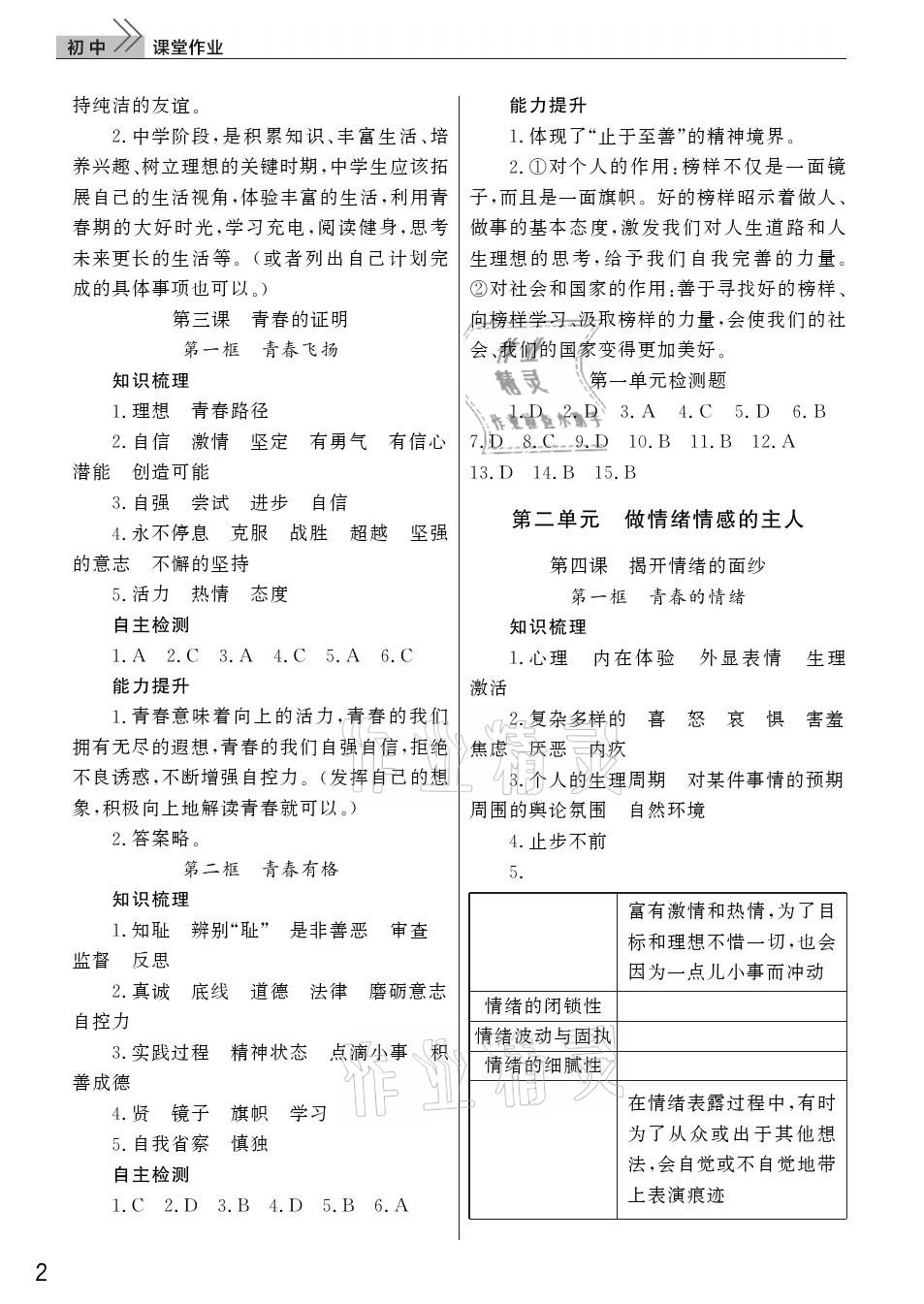 2021年课堂作业七年级道德与法治下册人教版武汉出版社 参考答案第2页