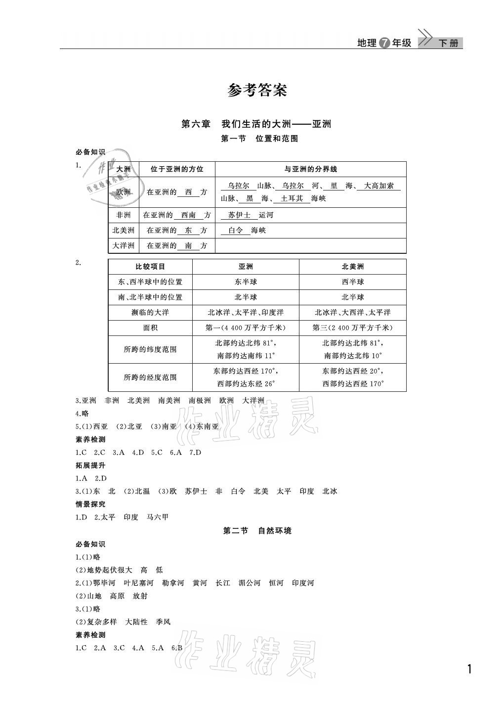 2021年课堂作业七年级地理下册人教版武汉出版社 参考答案第1页