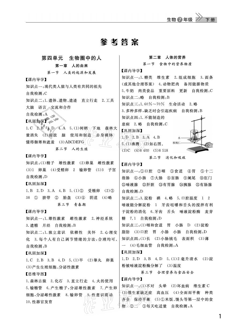 2021年课堂作业七年级生物下册人教版武汉出版社 参考答案第1页