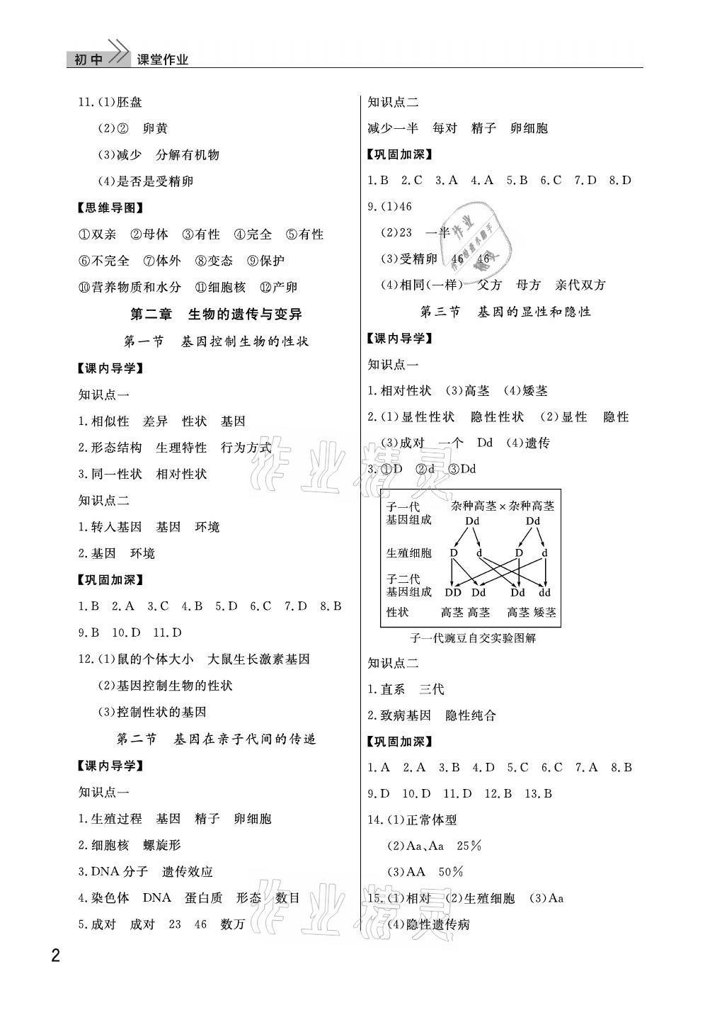 2021年课堂作业八年级生物下册人教版武汉出版社 参考答案第2页