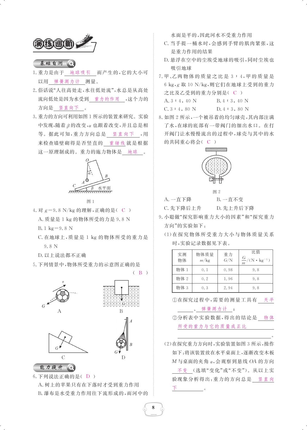 2021年領(lǐng)航新課標(biāo)練習(xí)冊八年級物理下冊人教版 參考答案第8頁