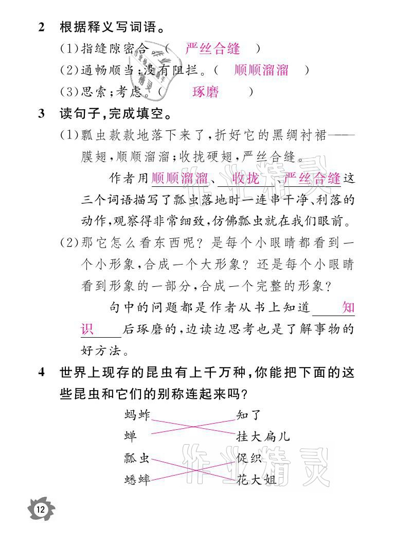 2021年課堂作業(yè)本三年級語文下冊人教版江西教育出版社 參考答案第12頁