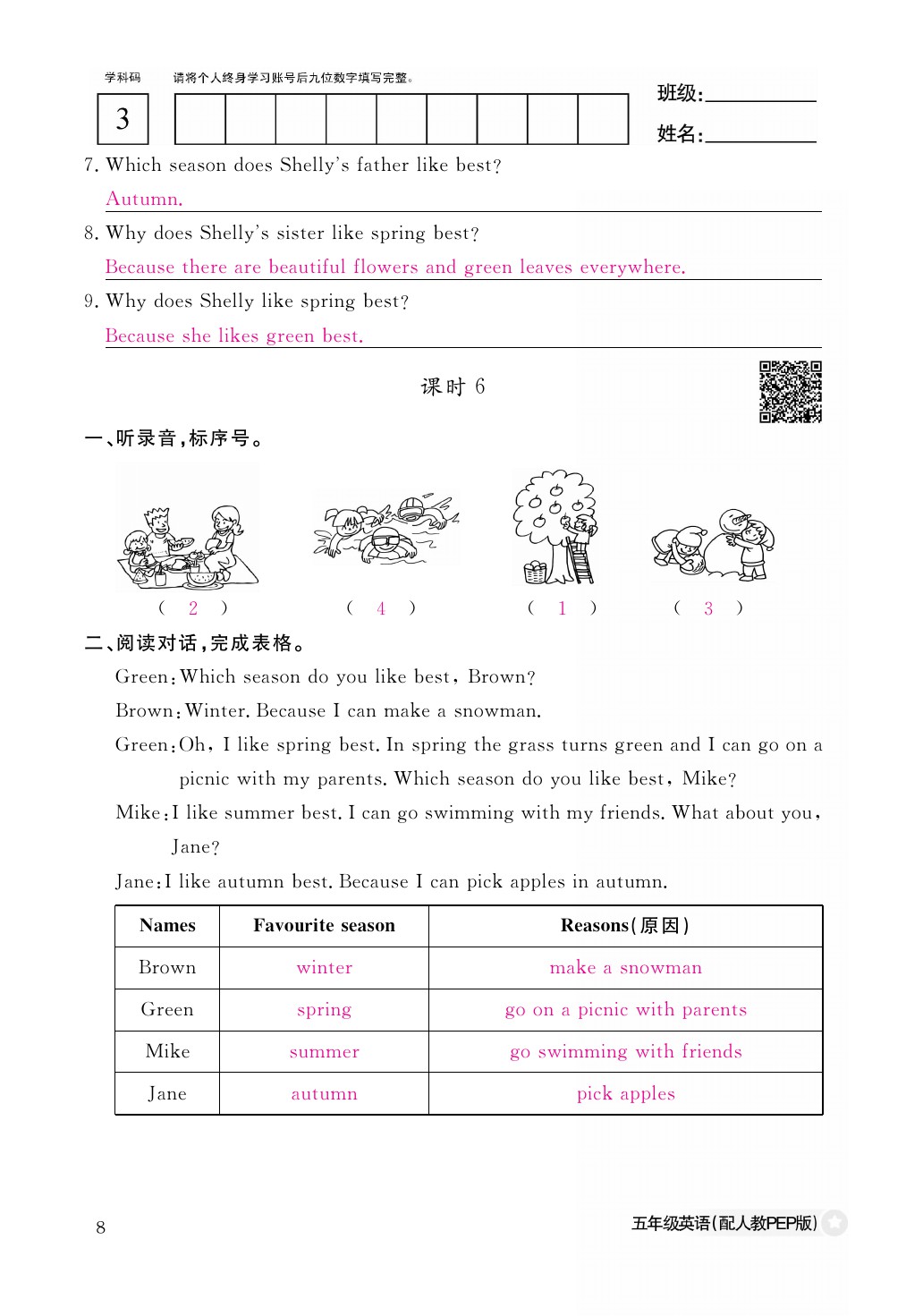 2021年作業(yè)本五年級英語下冊人教PEP版江西教育出版社 參考答案第8頁