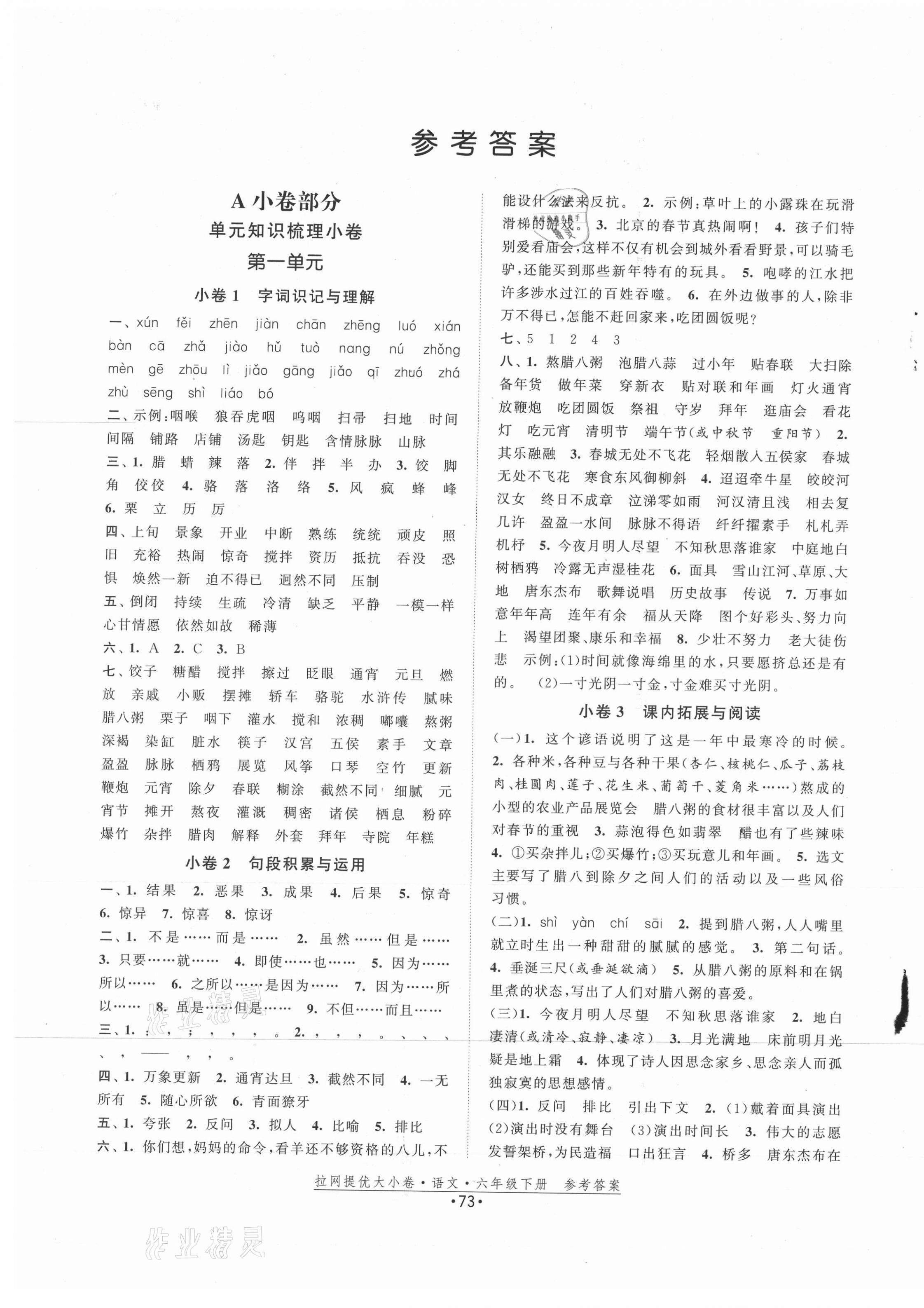 2021年拉網(wǎng)提優(yōu)大小卷六年級語文下冊人教版 第1頁