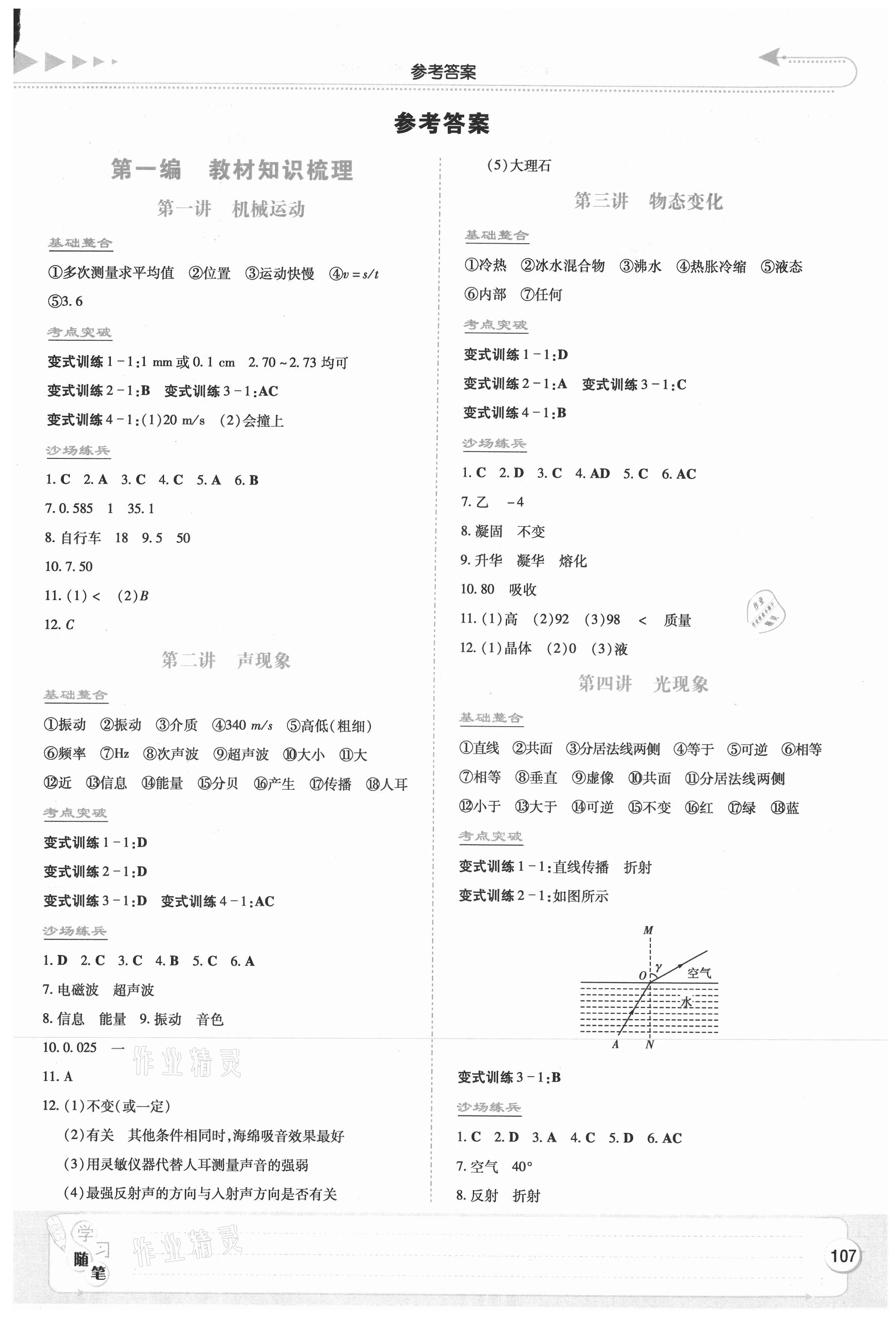 2021年湘教考苑中考总复习物理衡阳版 参考答案第1页