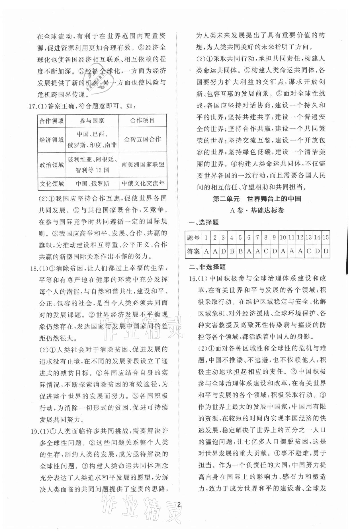 2021年同步練習(xí)冊(cè)提優(yōu)測(cè)試卷九年級(jí)道德與法治下冊(cè)人教版 參考答案第2頁(yè)