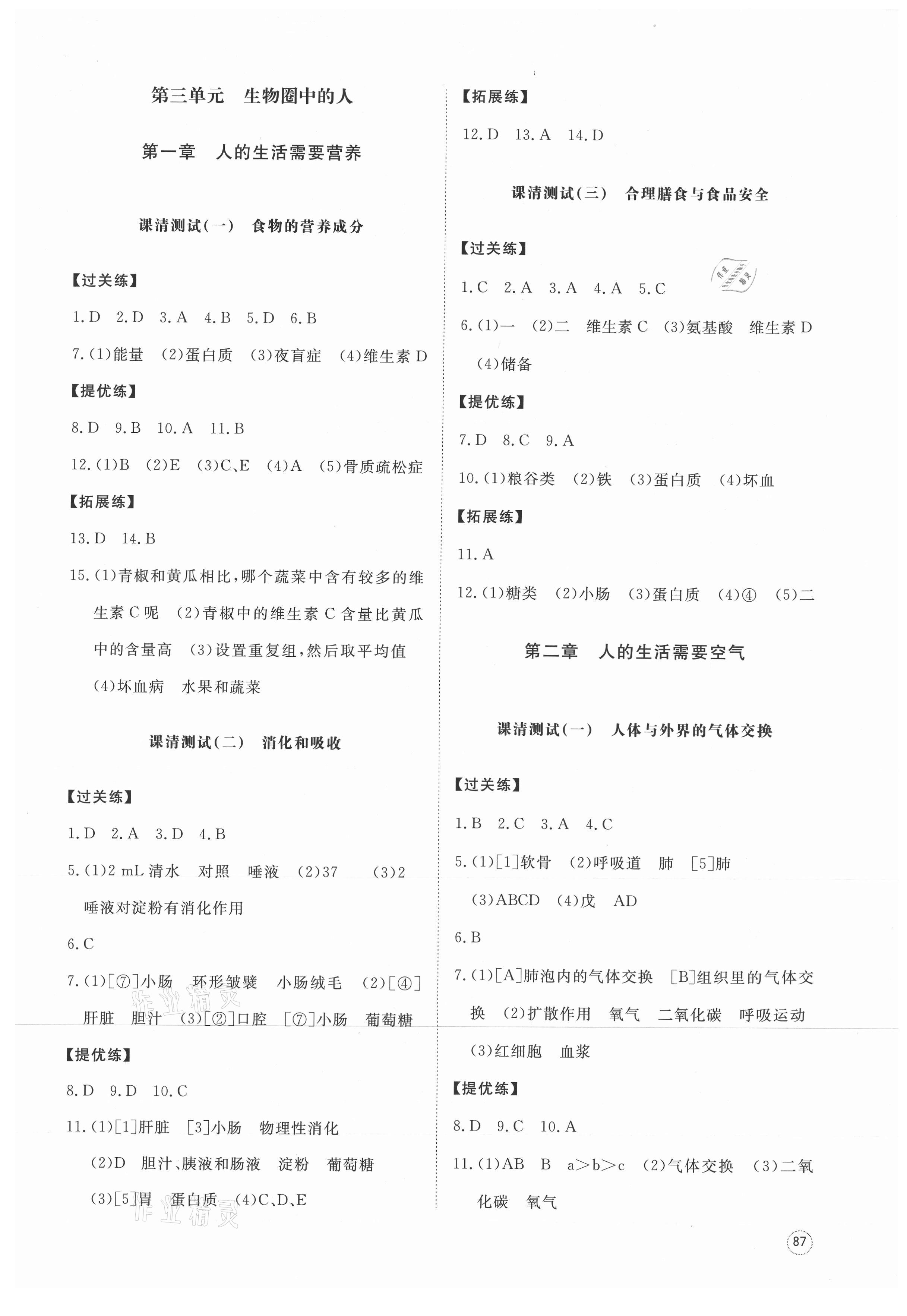 2021年同步練習(xí)冊提優(yōu)測試卷七年級生物下冊濟南版 參考答案第1頁