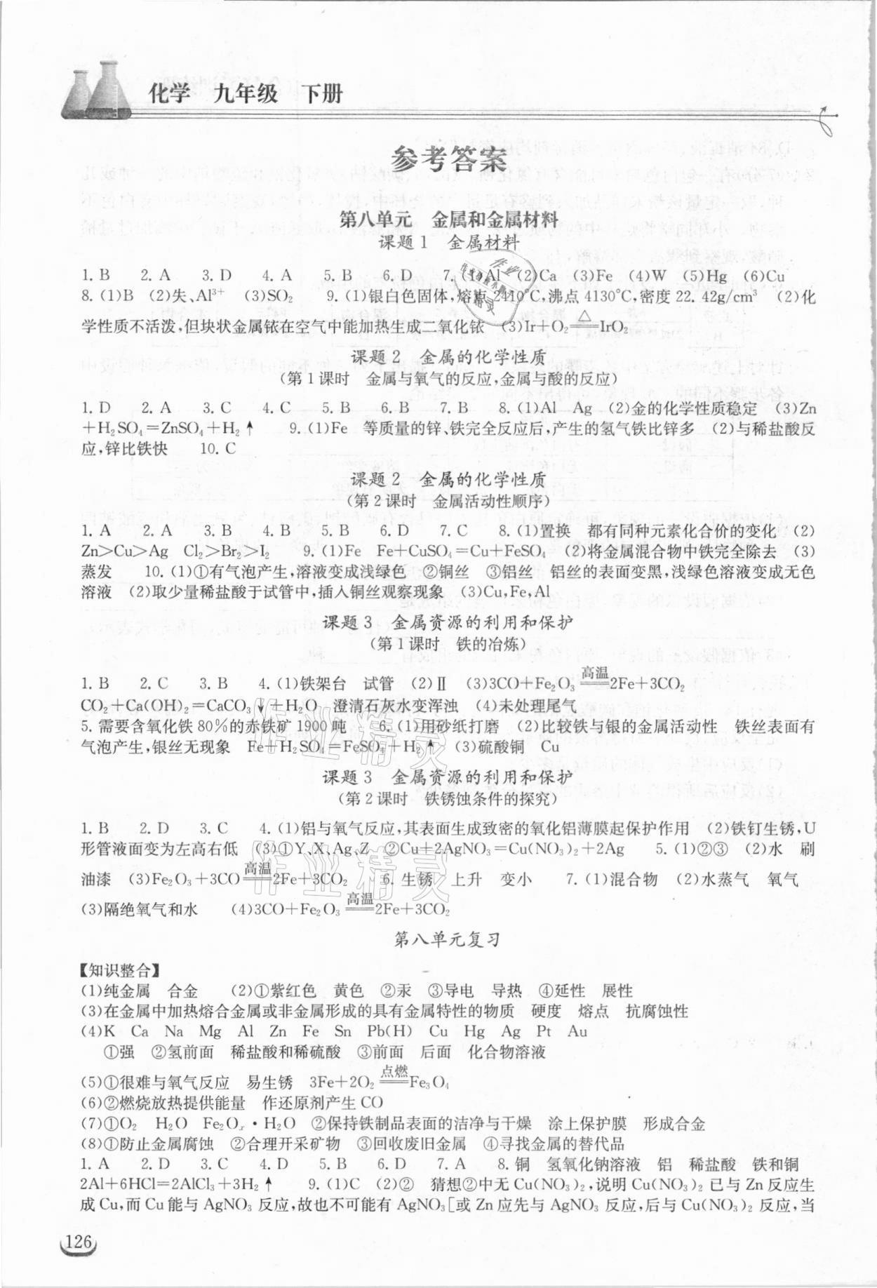 2021年长江作业本同步练习册九年级化学下册人教版 参考答案第1页