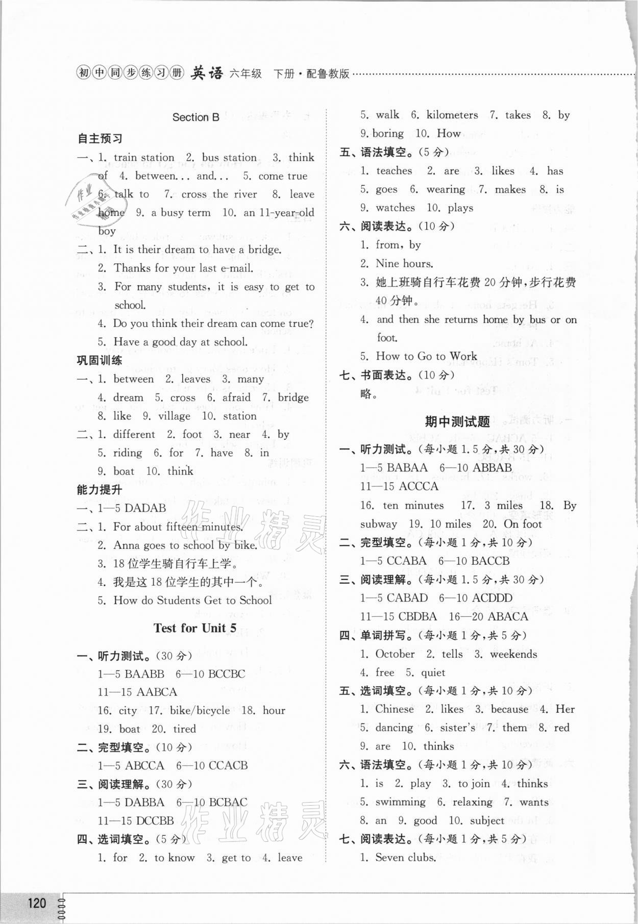 2021年同步练习册六年级英语下册鲁教版54制山东教育出版社 参考答案第6页