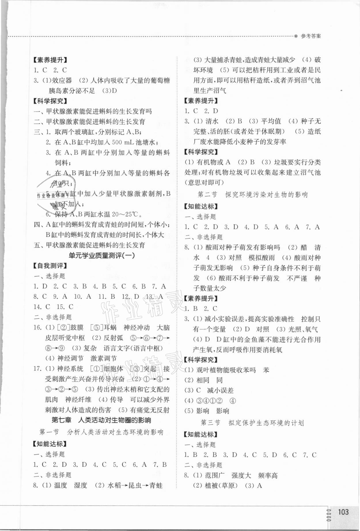 2021年同步練習(xí)冊七年級生物下冊魯科版54制山東教育出版社 參考答案第2頁