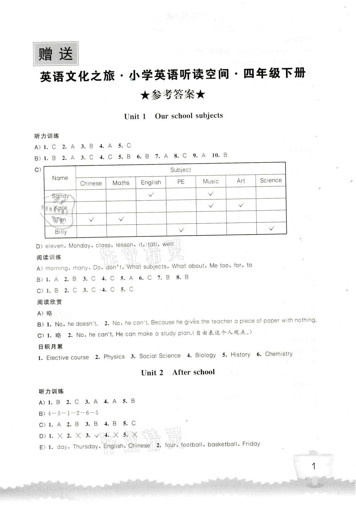 2021年小学英语听读空间四年级下册译林版 参考答案第1页