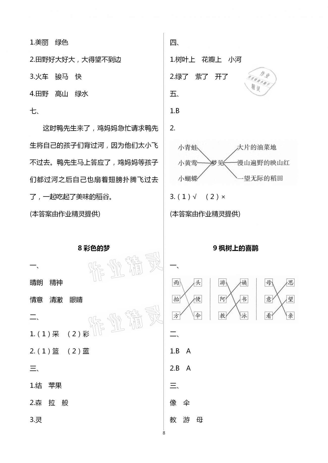 2021年練習(xí)與測(cè)試二年級(jí)語(yǔ)文下冊(cè)人教版含強(qiáng)化拓展活頁(yè)試卷 參考答案第8頁(yè)