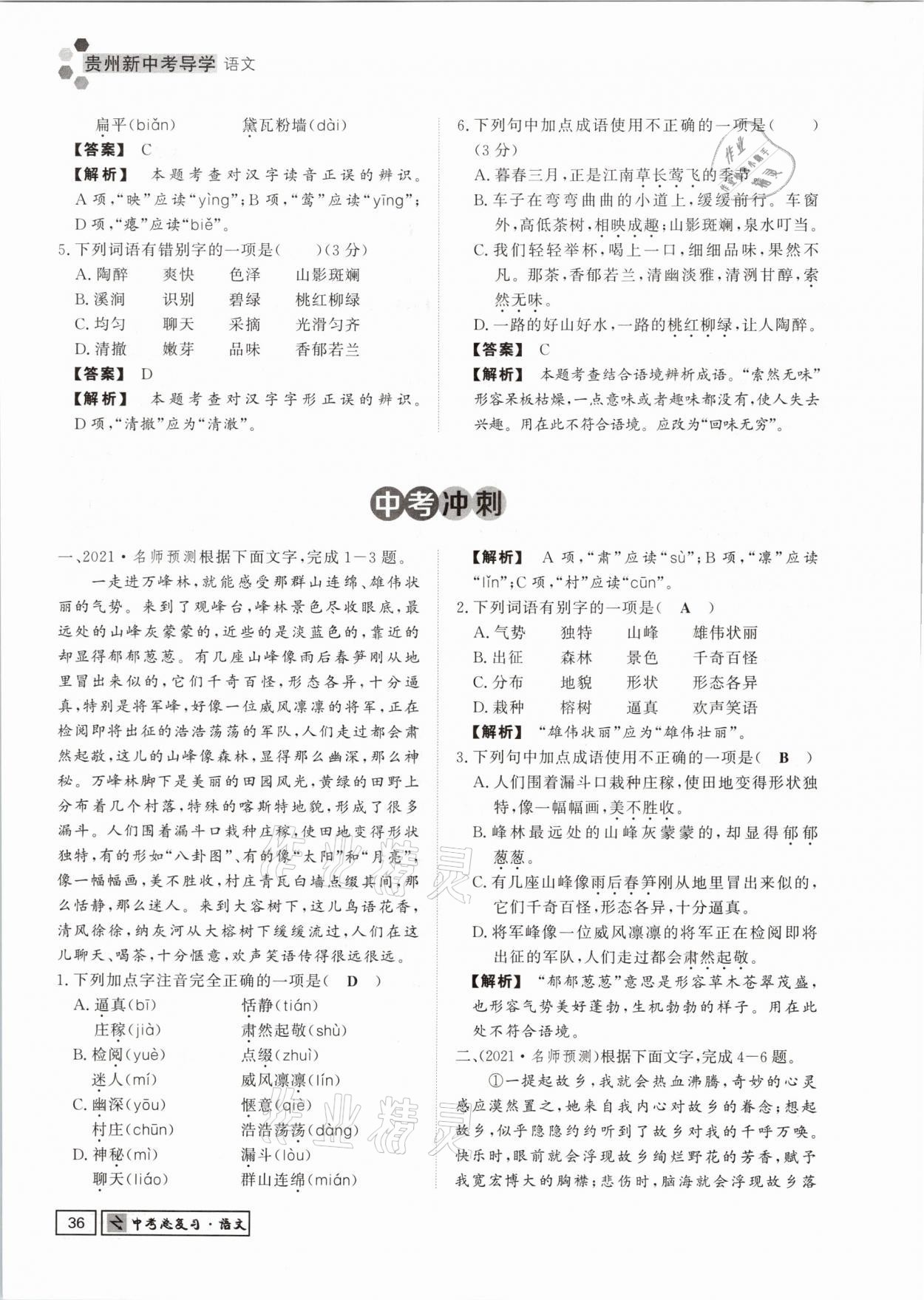 2021年貴州新中考導(dǎo)學(xué)語文 參考答案第36頁