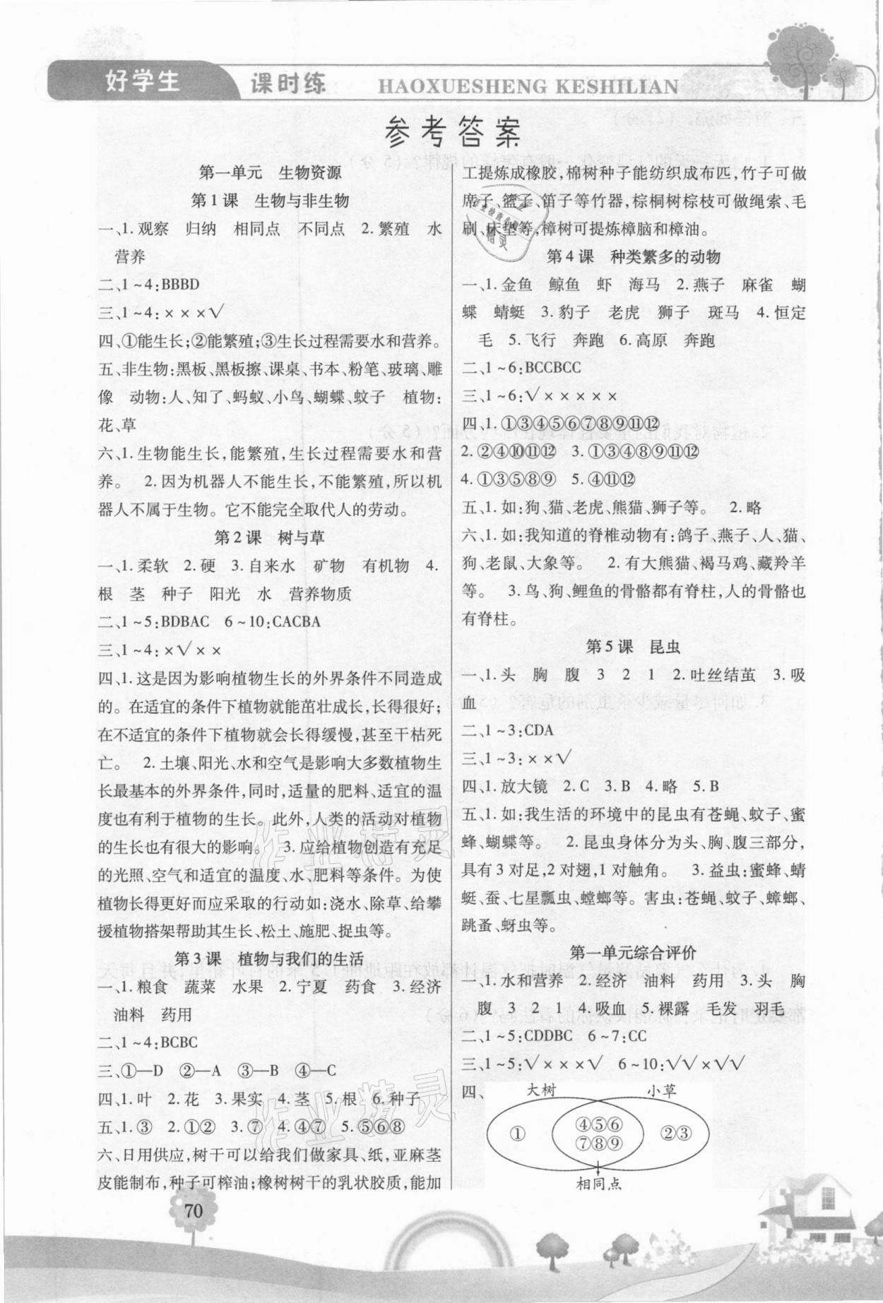 2021年好學生課時練三年級科學下冊冀人版 參考答案第1頁